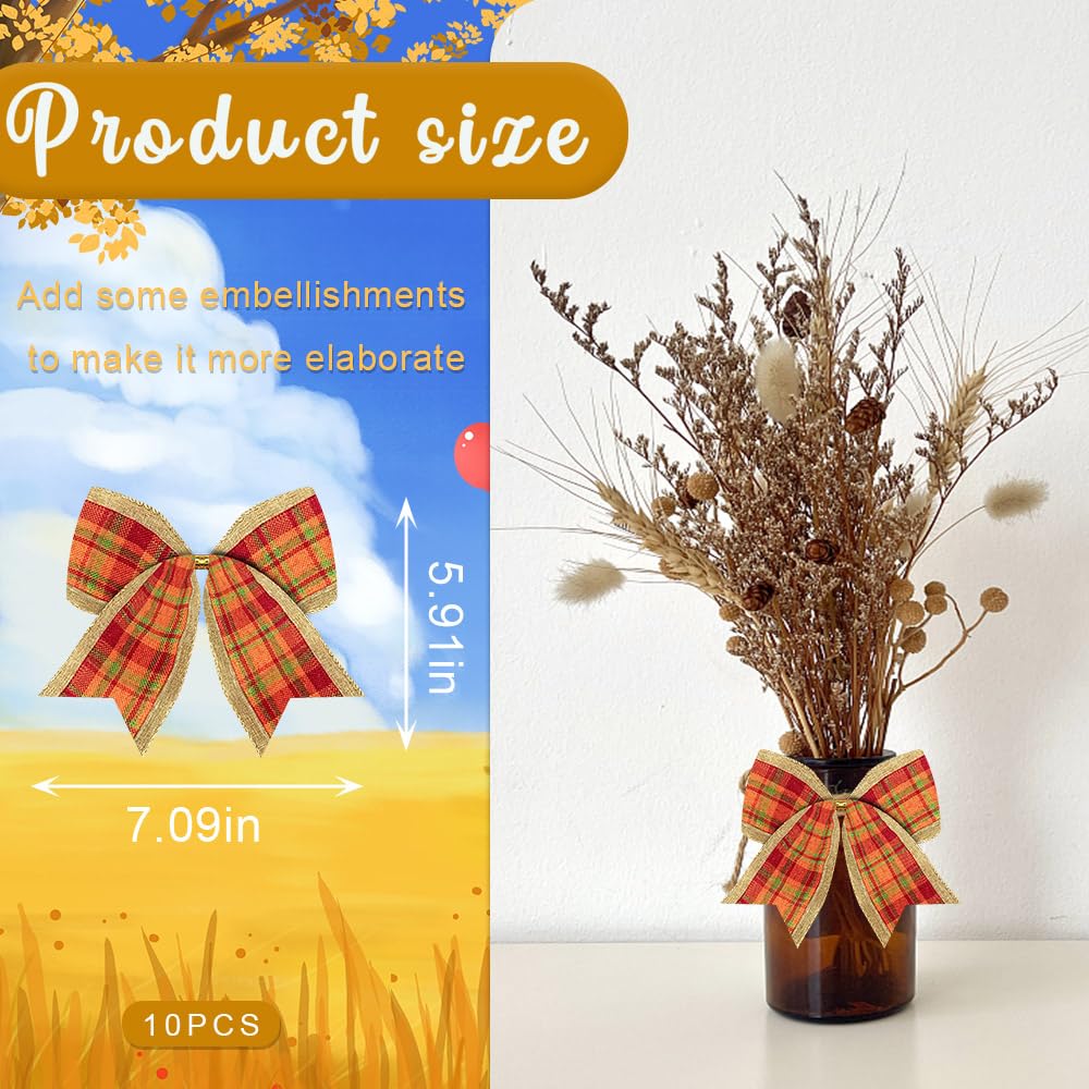 10Pcs Fall Bows for Wreath Decor - Orange Buffalo Plaid Burlap Bows for Thanksgiving Party & Home Decor