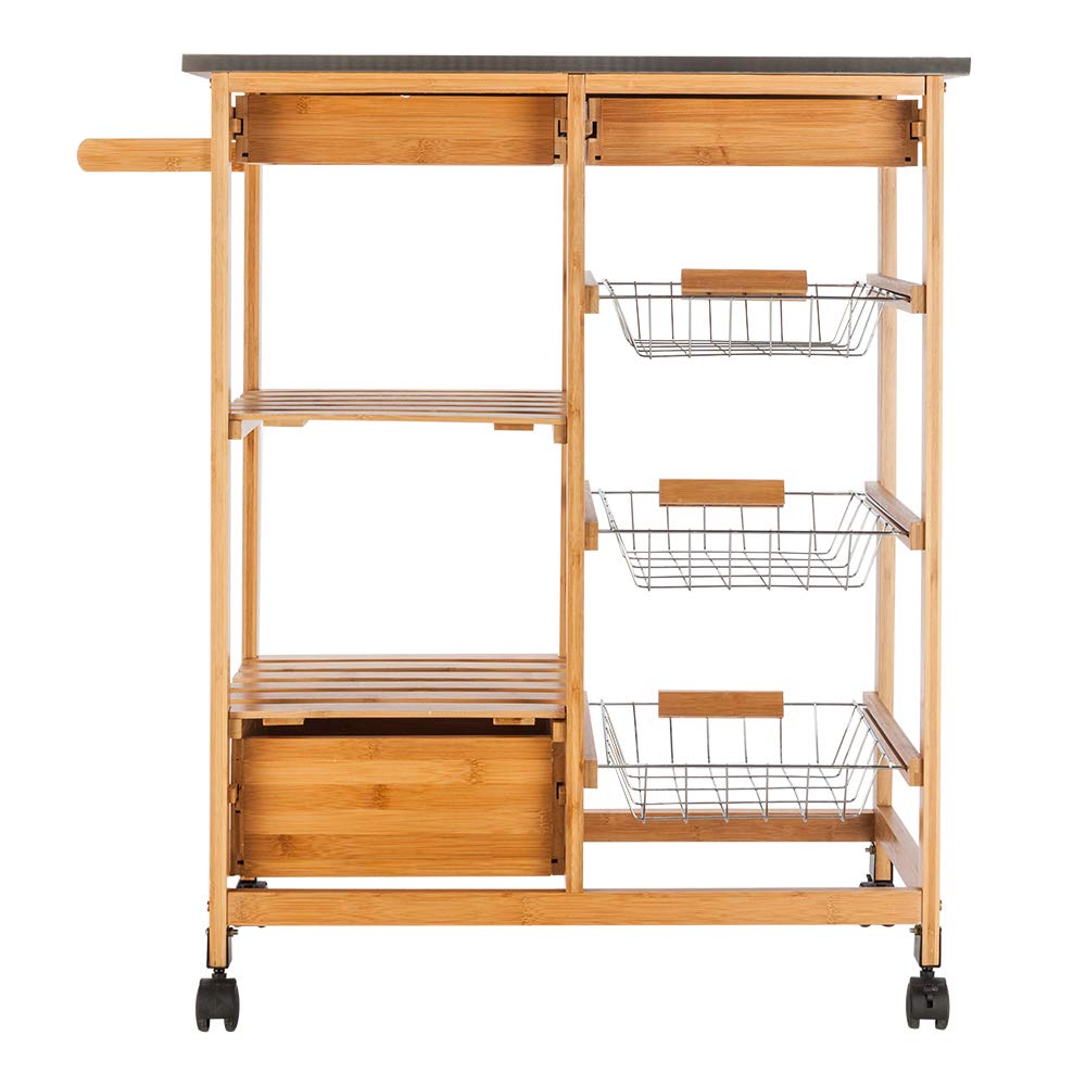GT4-LY Detachable Kitchen Cart with Stainless Steel Table Top, 3 Drawers & 3 Baskets - Mobile Kitchen Island for Small Spaces, Living Room, Dining Room & Office Use - Perfect for Food Prep, Storage & Extra Counter Space