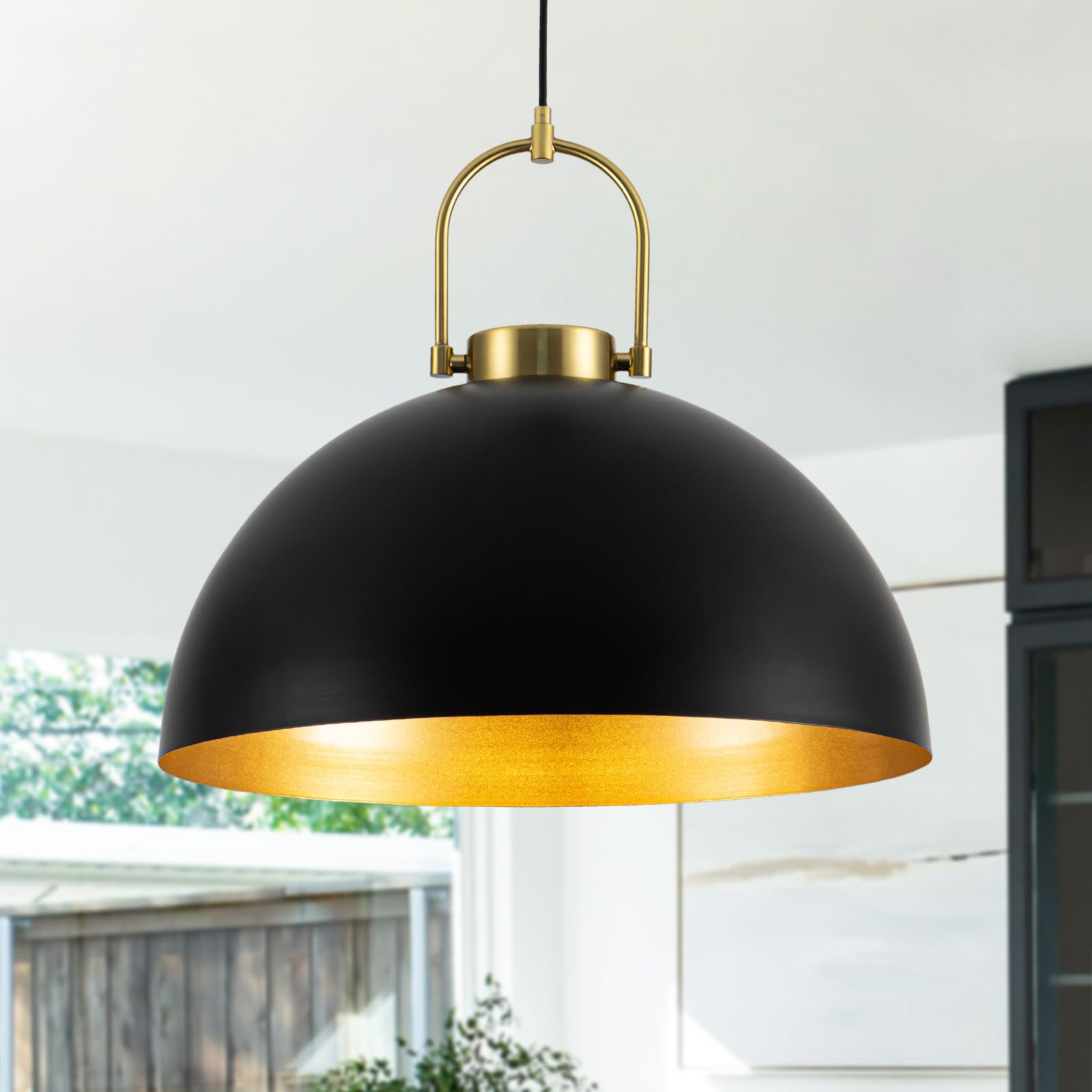 Black Industrial Pendant Light Fixtures - Large Dome Chandelier, Modern Space-Saving Hanging Lamp (19.69 Inch) for Kitchen Island, Dining Room, Living Room & Hallway | Perfect for Farmhouse, Loft & Contemporary Home Decor