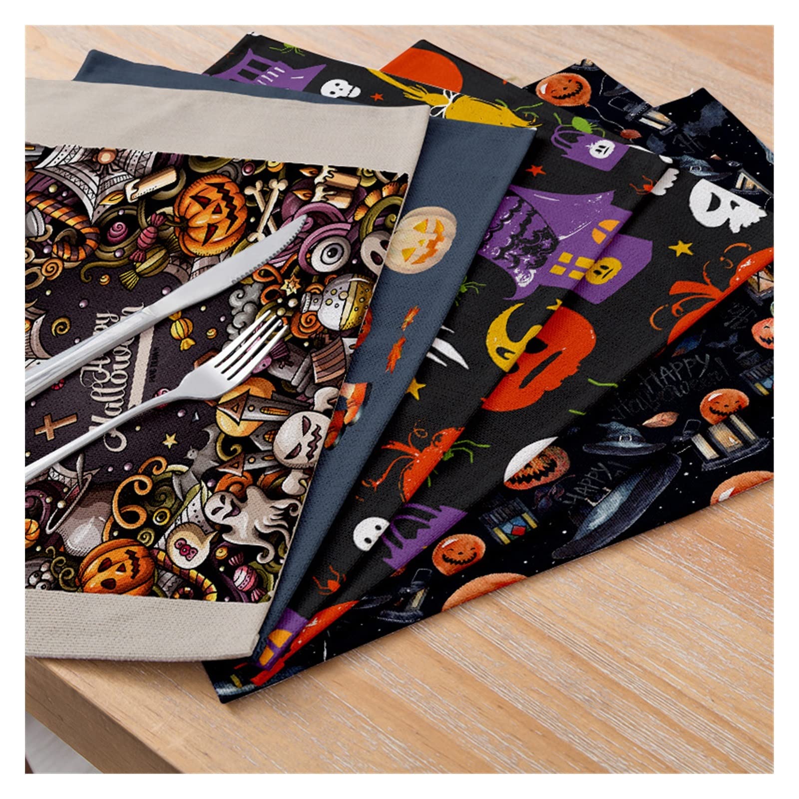 Halloween Cotton Linen Placemats Set of 6 - Pumpkin Spider Black Cat Design, Heat Resistant & Washable Kitchen Table Mats for Halloween Party Dining, Home Decor, Thanksgiving Dinner