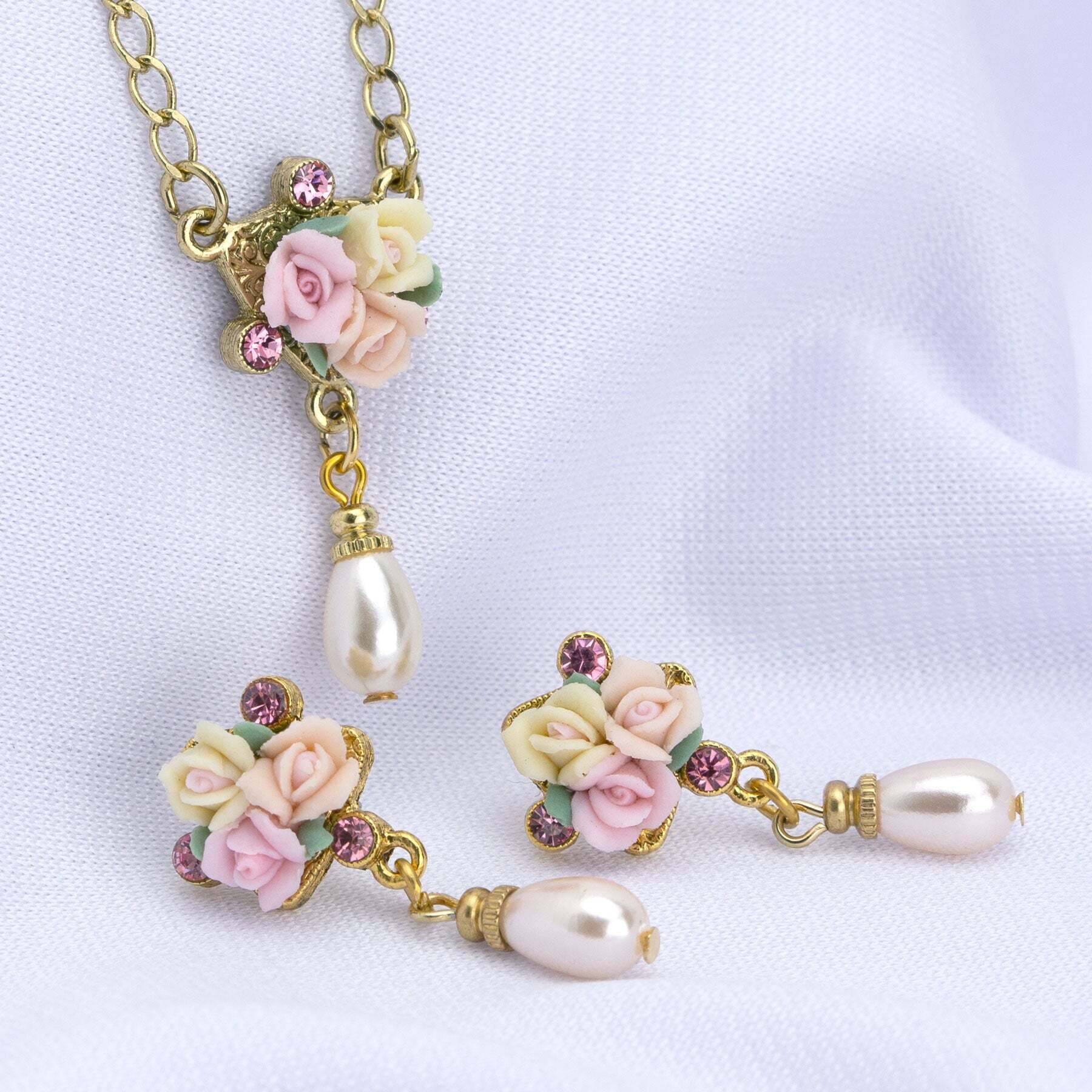 1928 Bridal Crystal Ivory and Pink Porcelain Rose Faux Pearl Necklace with 16 + 3 Extender - Elegant Wedding Jewelry for Brides, Bridesmaids, and Formal Occasions
