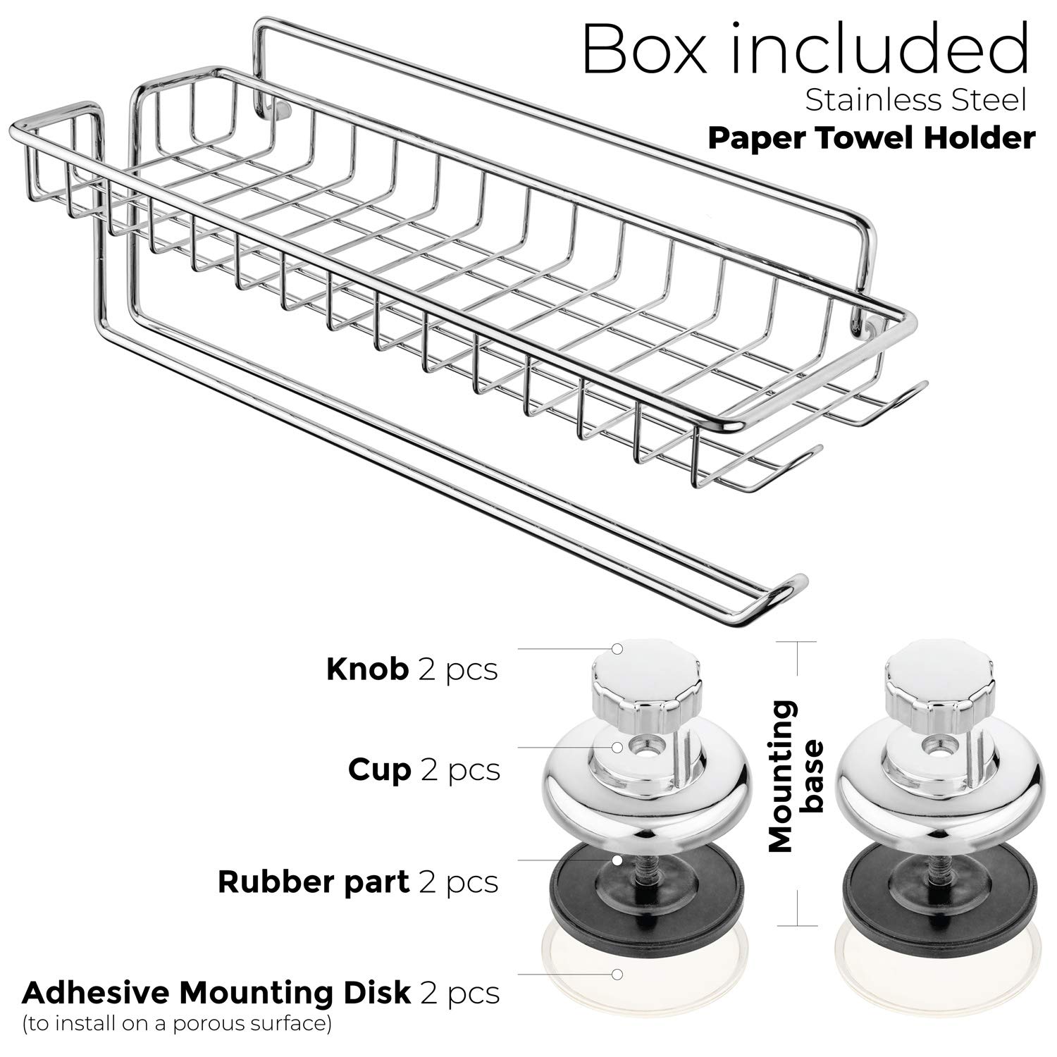 Stainless Steel Wall Mount Paper Towel Holder with Shelf & Hooks - SUS 304 Metal Organizer for Kitchen, Bathroom - Chrome Tissue Roll Hanger - Space Saving Storage Solution for Small Spaces & RVs