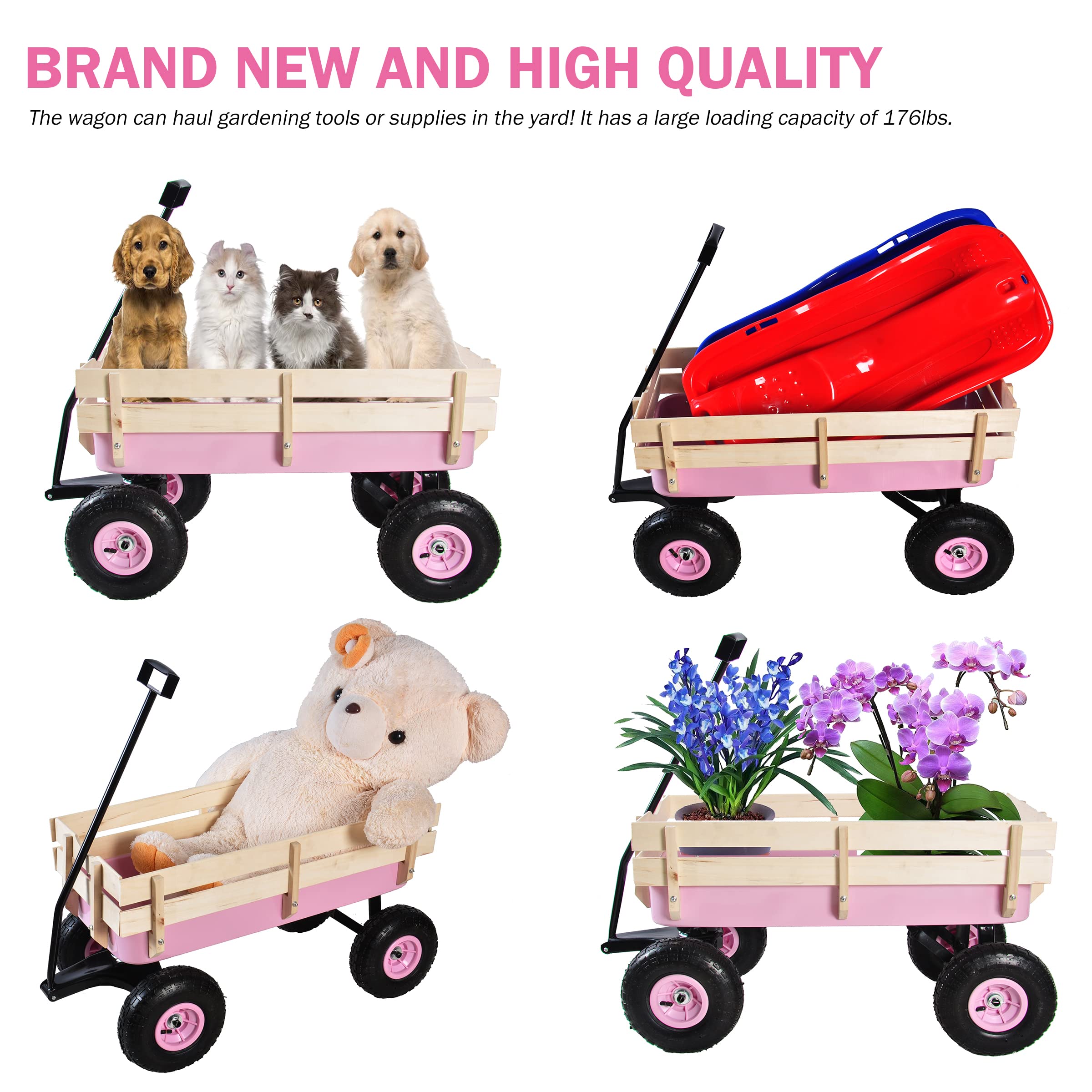Heavy Duty Steel Wooden Side Support Cargo Wagon with 10” All-Terrain Air Tires - 176lb Capacity Foldable Garden Cart for Kids Toys, Gardening Supplies, Beach Gear & Home Projects (Pink) | Perfect for Outdoor Adventures, Yard Work & Family Fun