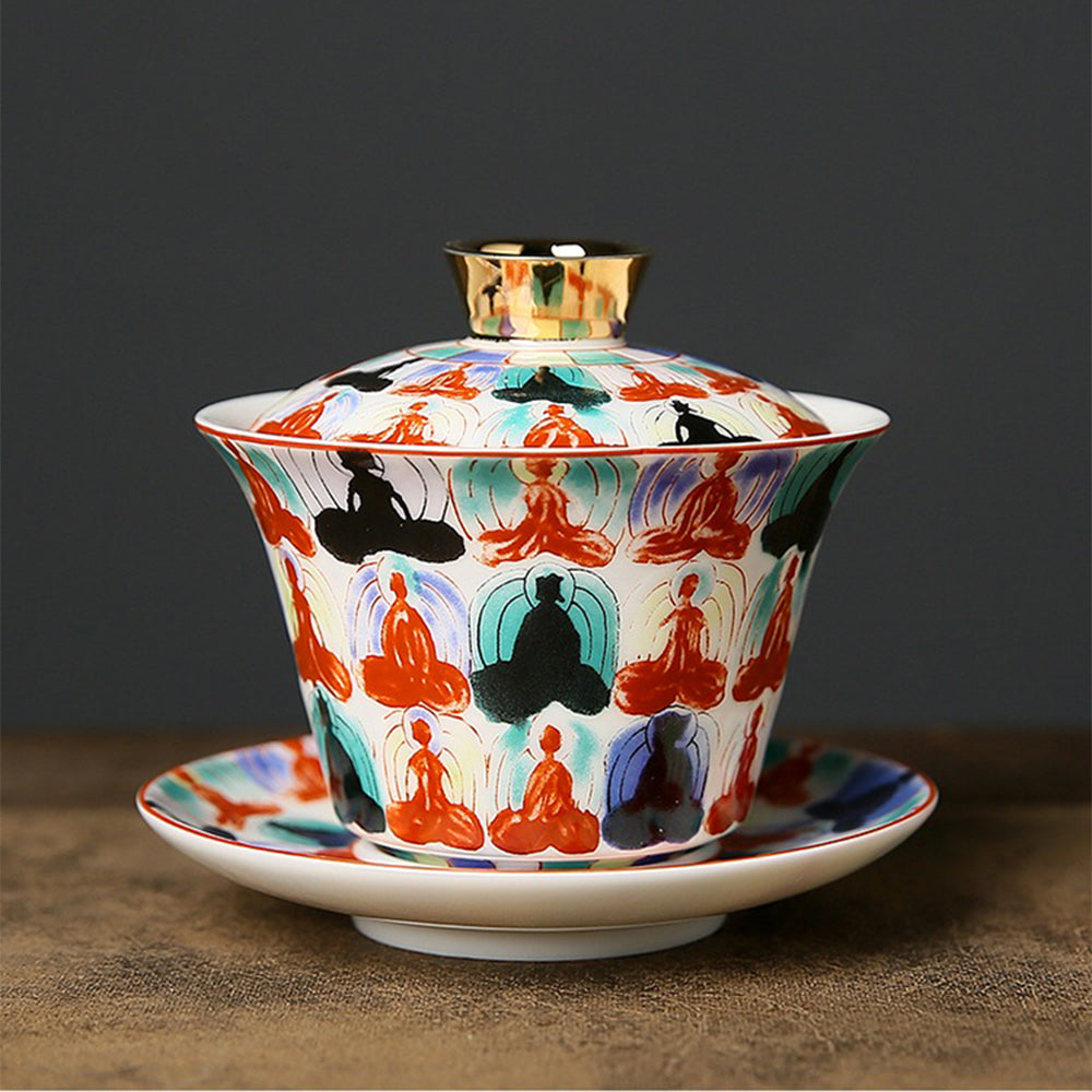Premium Hand-Painted Enamel Porcelain Gaiwan Tea Set - Traditional Chinese Buddha Design - Perfect for Gongfu Tea Ceremony, Meditation & Home Decor