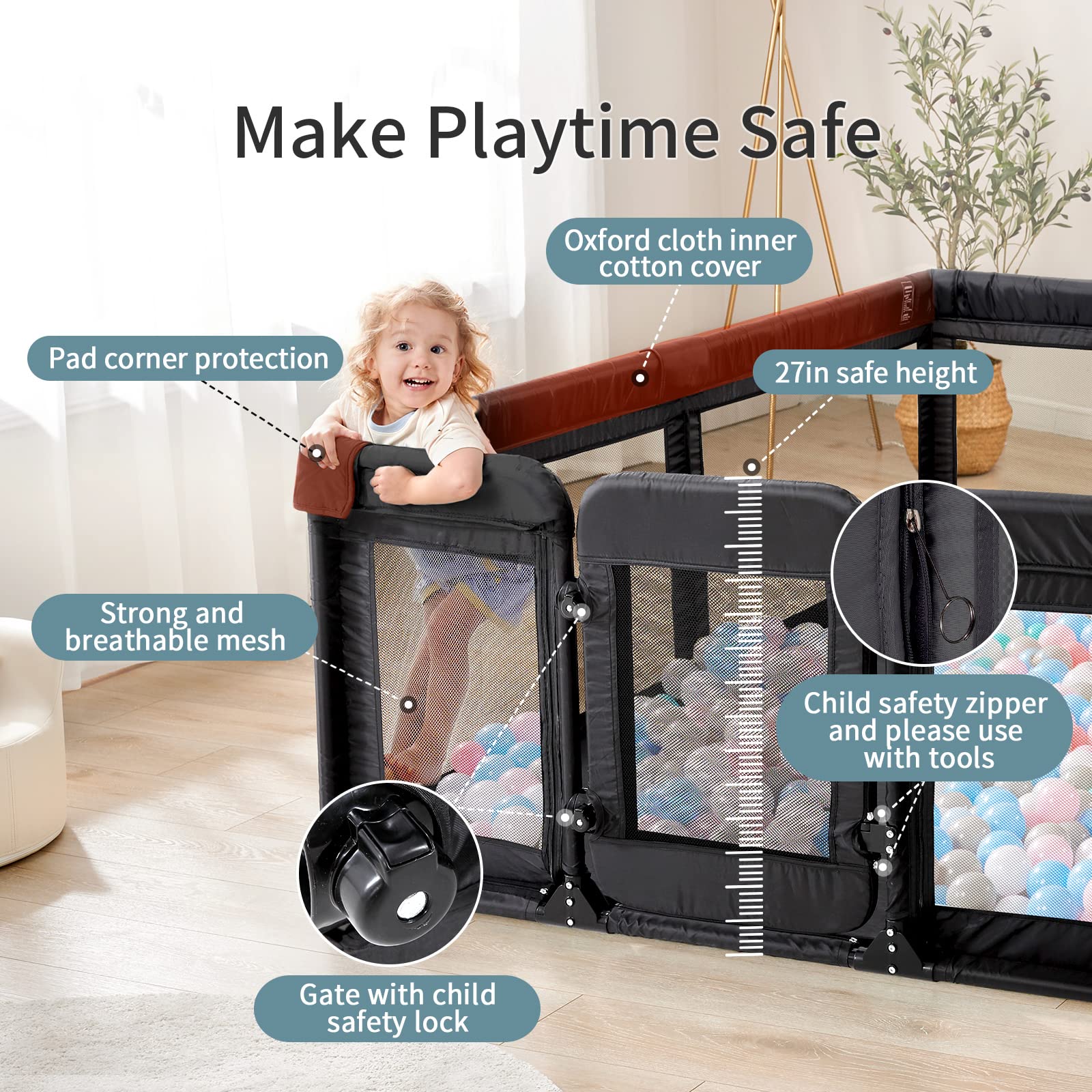 Sweeby Baby Playpen - Large 79x71 Play Yard for Babies & Toddlers with Gate & Door - Indoor Safety Fence with Mat - Black - Perfect for Playtime, Learning & Safe Exploration at Home