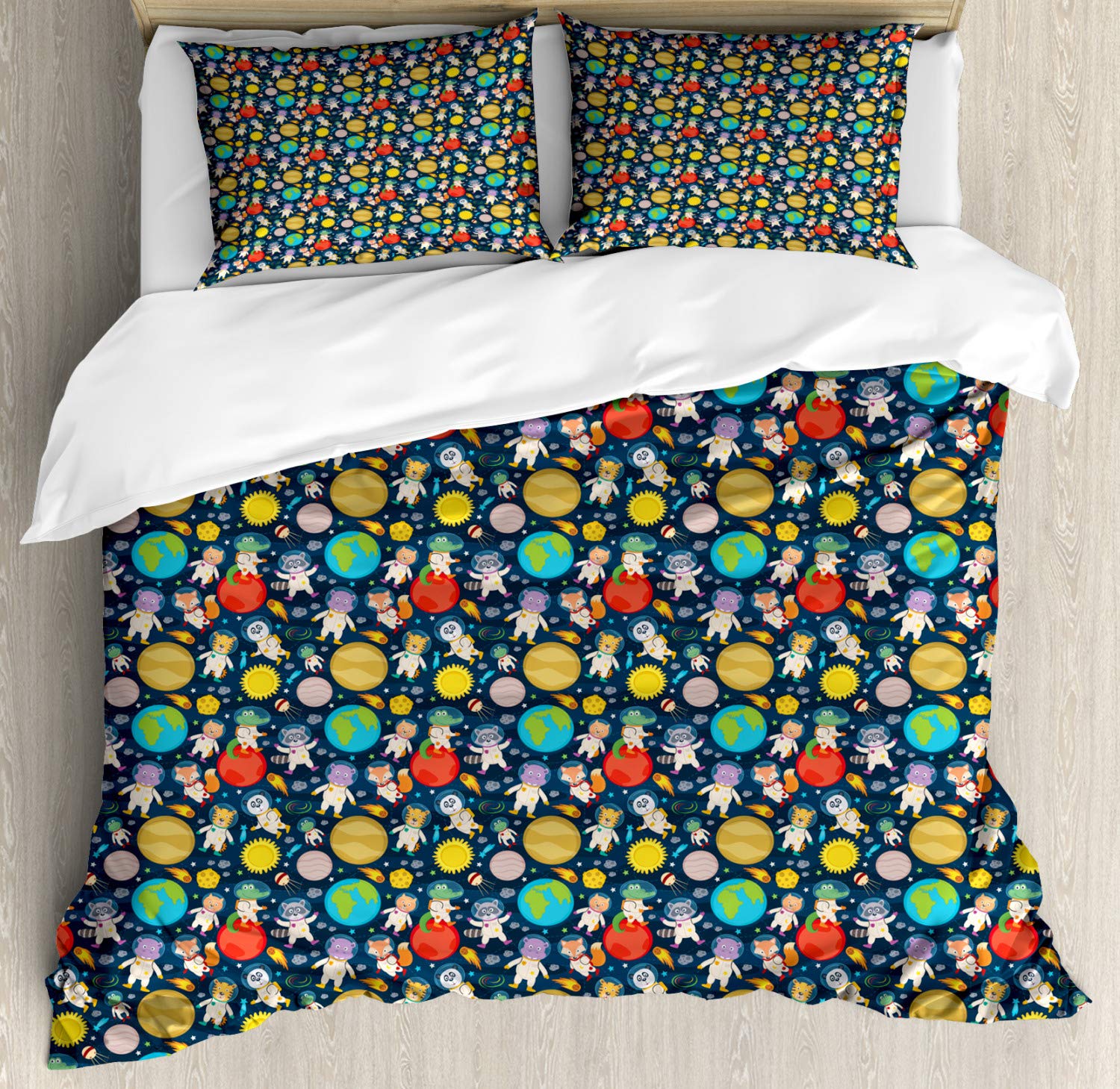 Ambesonne Space Duvet Cover Set - Funny Astronauts & Planets Design, 3-Piece Queen Size Bedding with 2 Pillow Shams in Dark Violet Blue & Multicolor | Perfect for Kids' Rooms, Space-Themed Bedrooms & Sci-Fi Decor