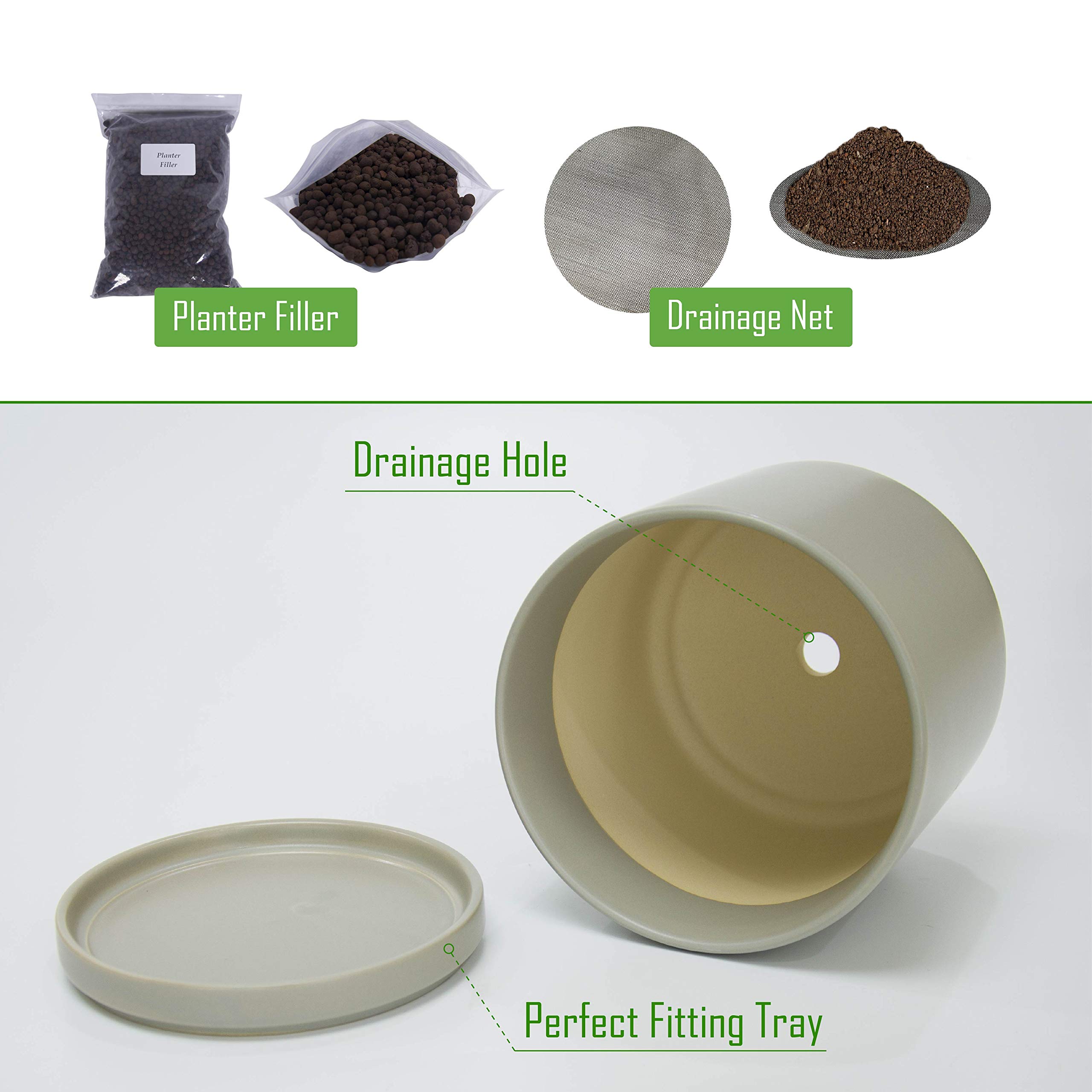 D'vine Dev 8 Inch & 10 Inch Ceramic Flower Pots with Drainage Hole and Saucer - Large Indoor Planters Set for Succulents, Herbs, Small Trees - Modern Grey Home & Garden Decor (94-G-L-3)