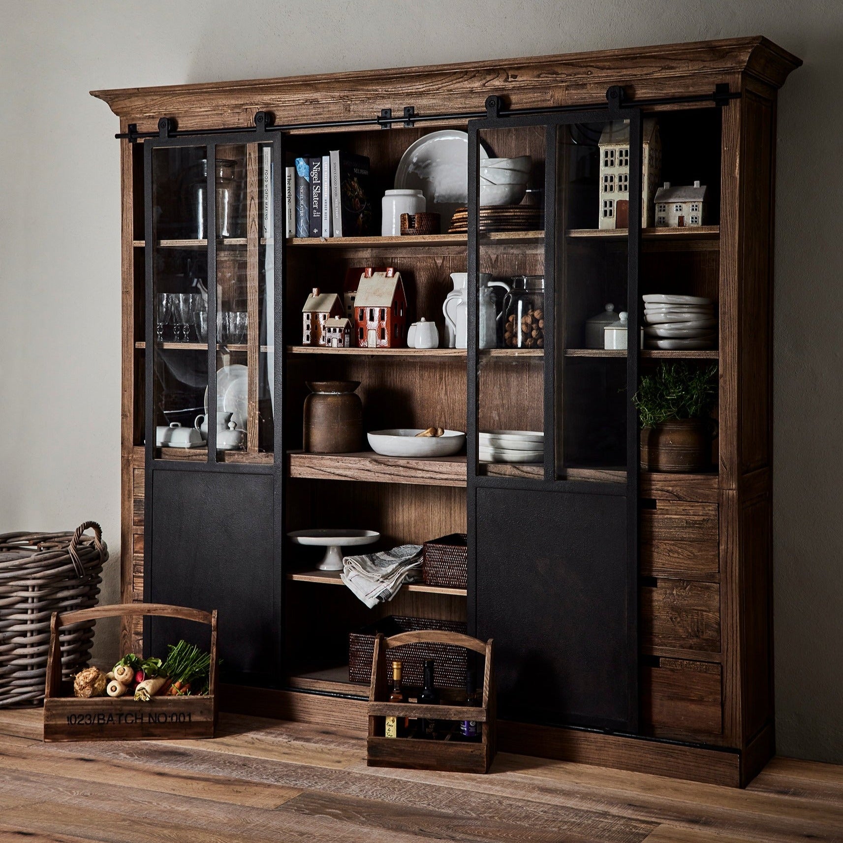 Rustic Barn Sliding Door Double Cabinet - Farmhouse Style Kitchen Storage for Pantry & Laundry Room Organization