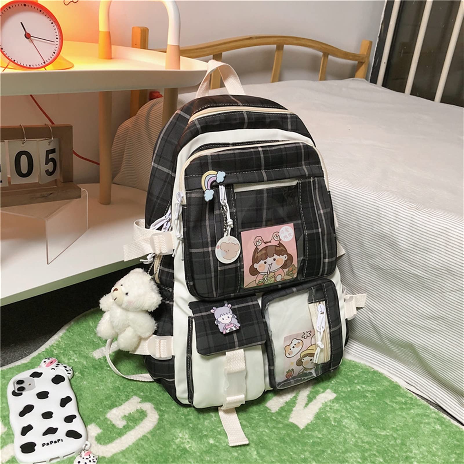 Cute Waterproof Grid Backpack for Girls & Women - Stylish High School Bags for Teen Students, Travel Rucksack with Badge Pendant (Black) - Perfect for School, College, Travel & Daily Use