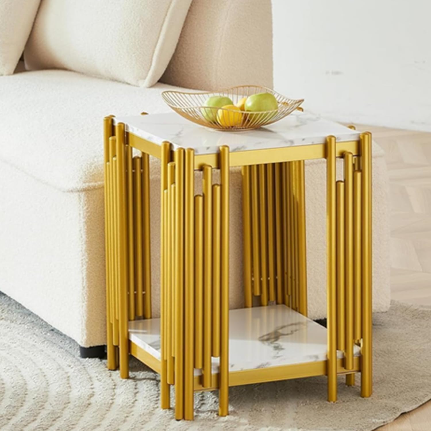 2 Piece Modern Gold Living Room Table Set - Rectangular Faux Marble Coffee Table & Matching Gold End Table - Perfect for Small Spaces, Apartments & Contemporary Home Decor