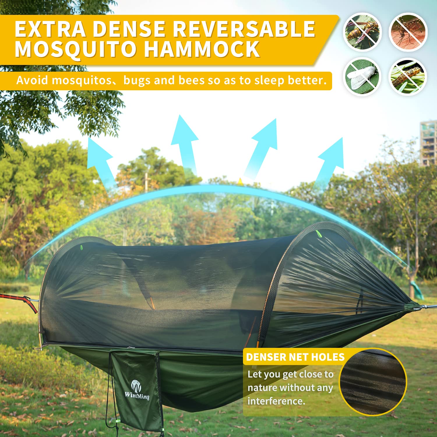 Portable Lightweight 230T Nylon Camping Hammock with Removable Mosquito Net & Rain Fly Cover - Outdoor Hiking Backpacking Travel Gear for Camping, Beach, Backyard (Grey)