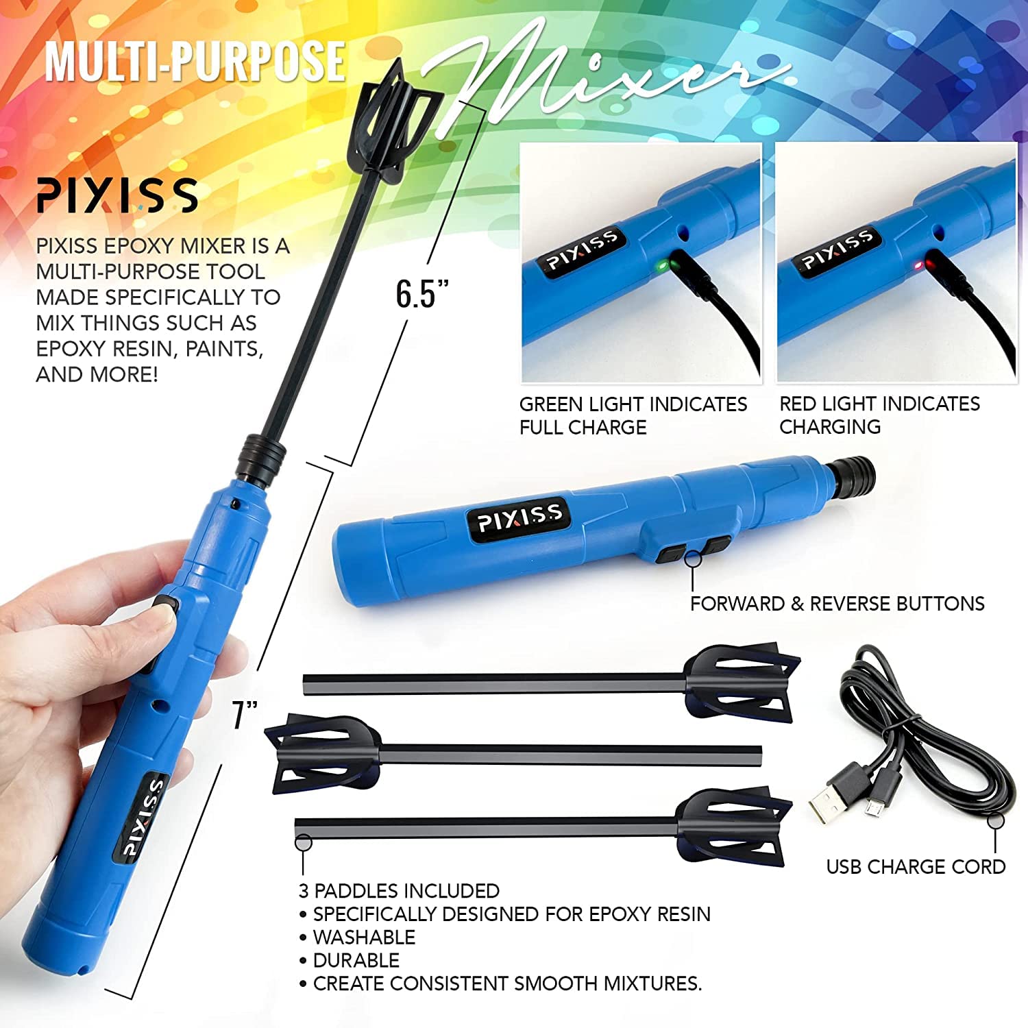 **Pixiss Premium Handheld Rechargeable Epoxy Resin Mixer - Pro-Grade Resin Stirrer for DIY Crafts, Tumblers & Resin Art - Minimizes Bubbles with Included Starter Kit - Perfect for Resin Jewelry, Coasters & Home Decor Projects**