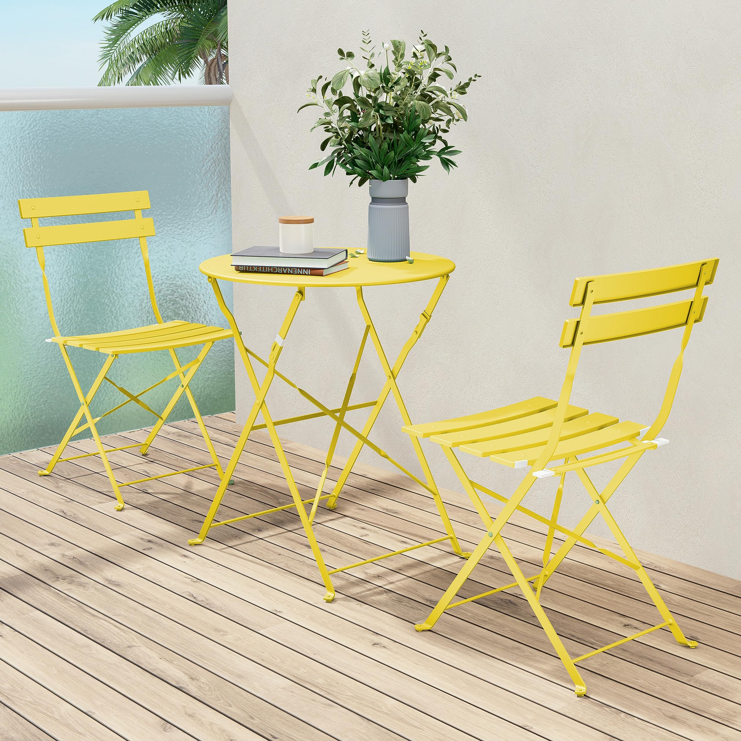 Premium 3-Piece Folding Bistro Set - Steel Frame Outdoor Patio Furniture for Balcony, Garden & Small Spaces - Portable Yellow Cafe Dining Set for Restaurants, Home Decoration & Relaxing Outdoors