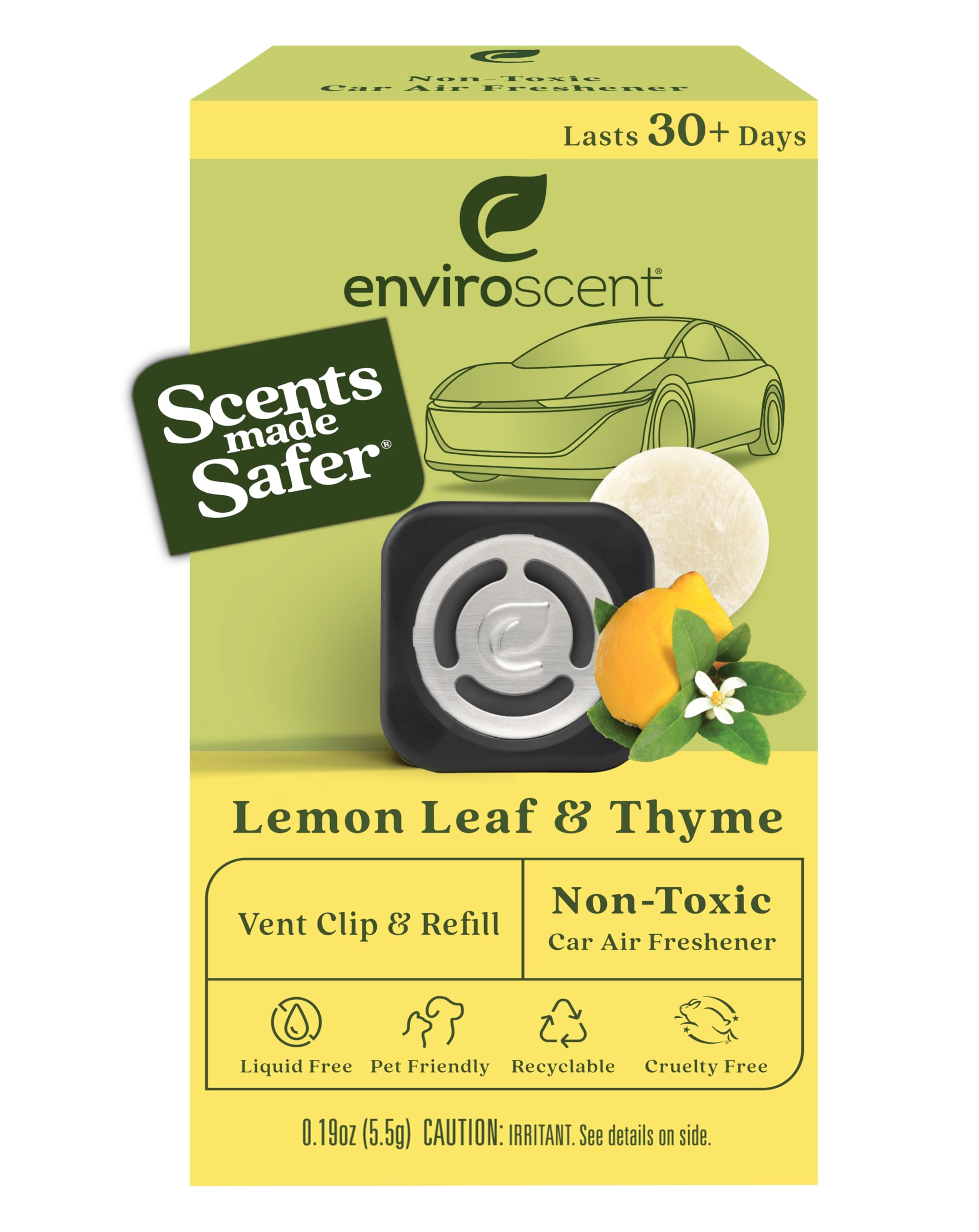 Enviroscent Non-Toxic Car Air Freshener - Lemon Leaf & Thyme Scent with Essential Oils | Long-Lasting 30+ Days Fragrance | Includes 1 Refillable Vent Clip & 1 Scent Refill | Perfect for Cars, Trucks & SUVs | Eliminates Odors & Freshens Air Naturally