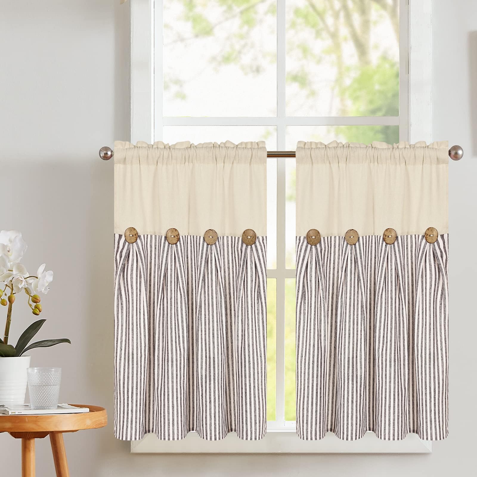 36 Inch Cotton Linen Farmhouse Kitchen Curtains - Boho Rustic Button Tier Window Drapes with Natural & Brown Stripe Color Block | Rod Pocket Design for Small Windows - Perfect for Cafe, Bathroom, Bedroom & Kitchen Decor