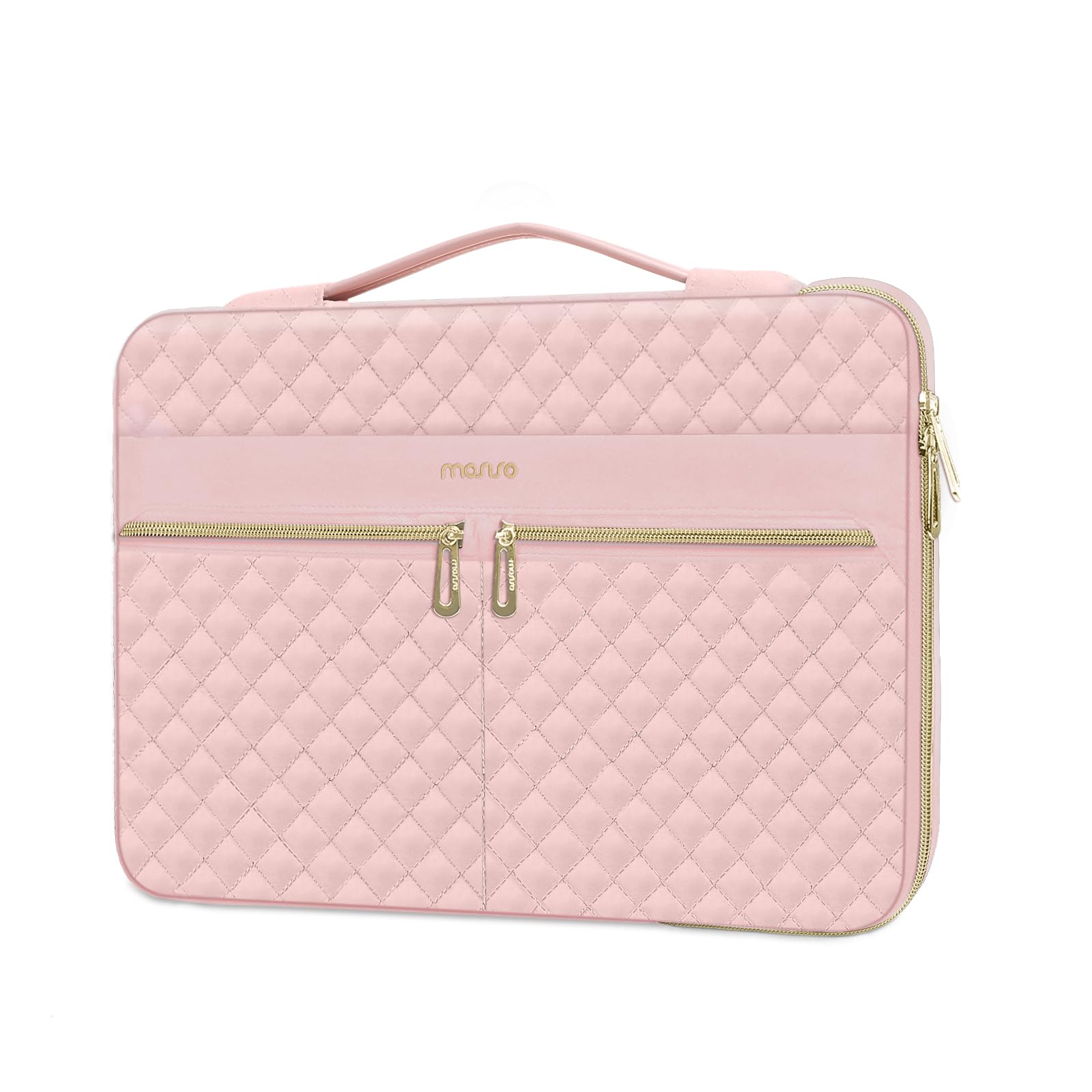 MOSISO 360 Protective Laptop Sleeve for MacBook Air 13/Pro 13-14 inch - Quilted Side Open Bag with 3 Pockets, Handle & Belt - Perfect for Work, School & Travel - Pink