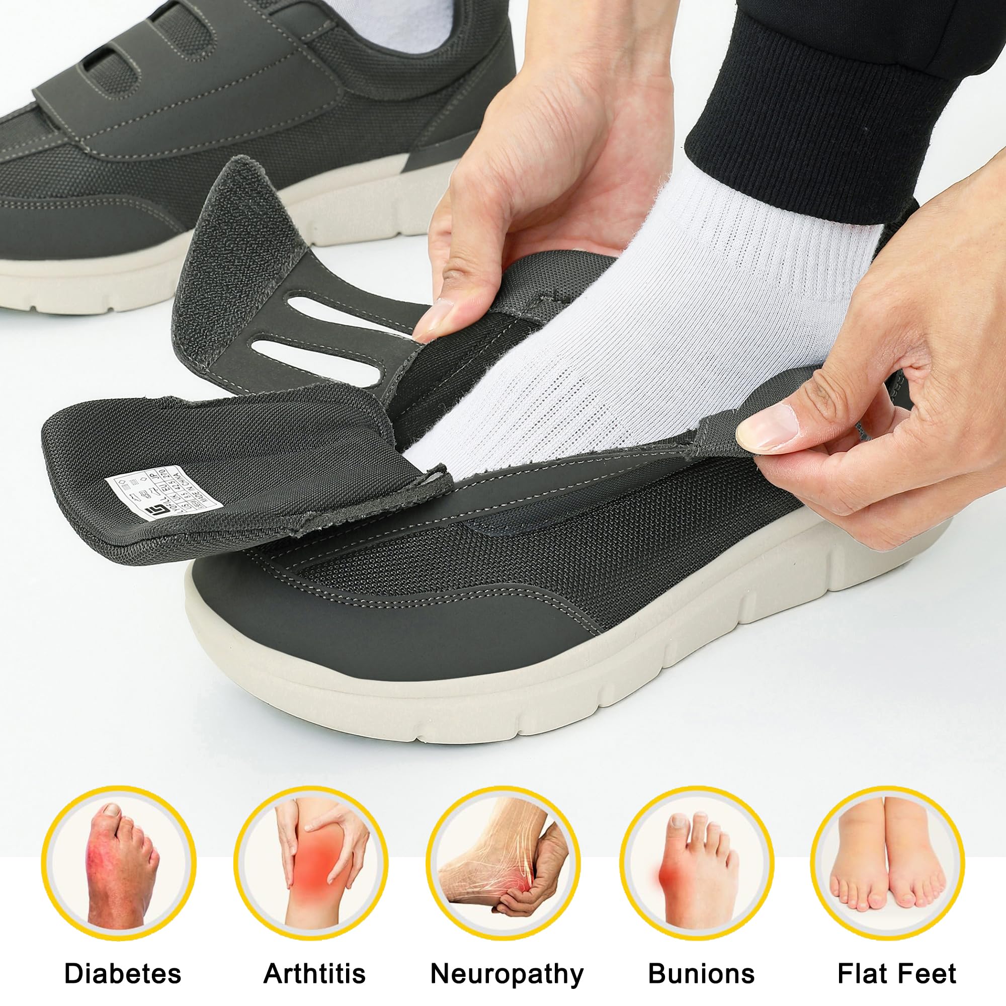 **Men's Wide Toe Box Walking Shoes - Lace-Free Adjustable Extra Wide Width Sneakers & Slip-On Loafers - Diabetic Shoes with Arch Support for Swollen Feet Pain Relief - Ideal for Walking, Travel & Daily Comfort**