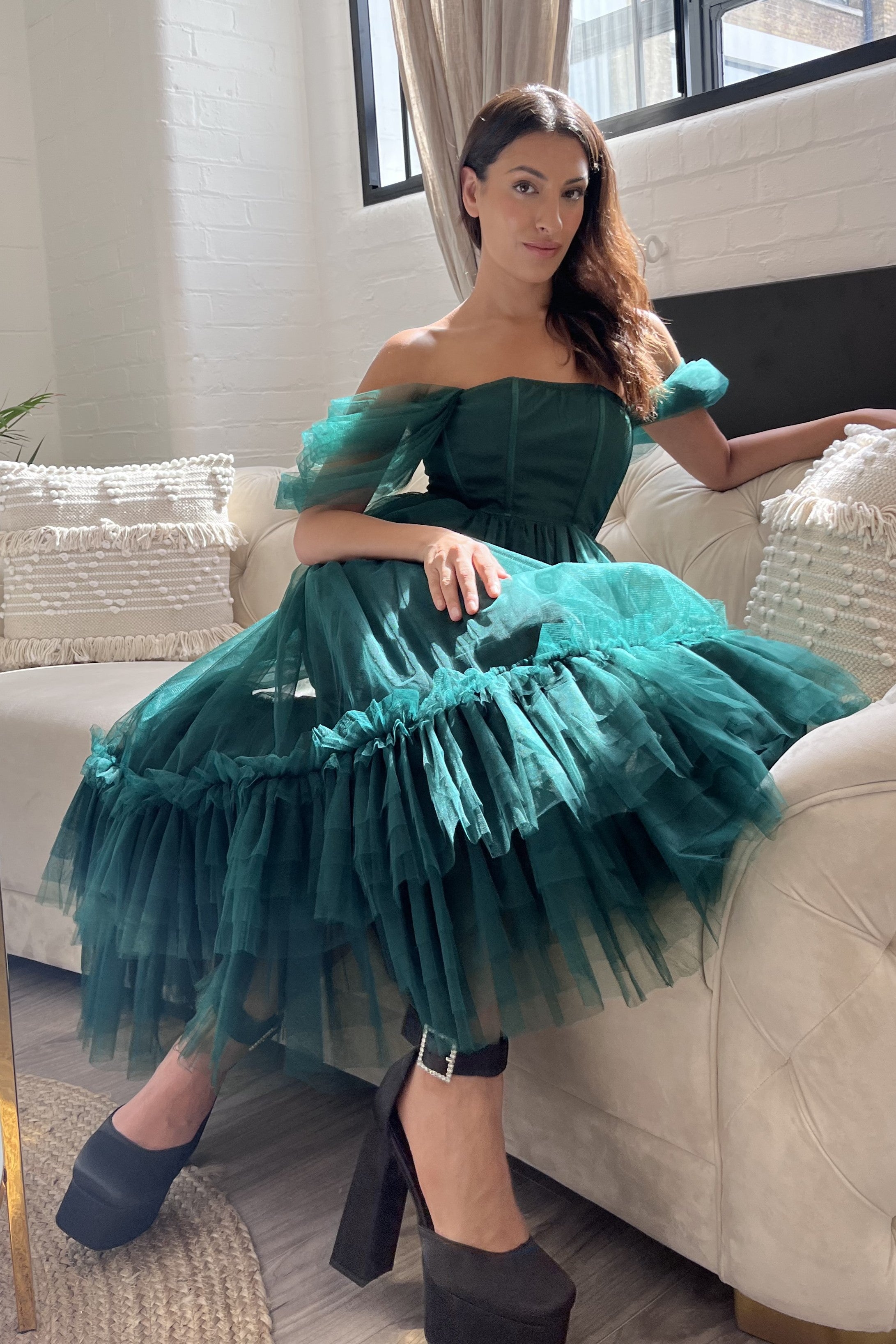 Jayne Emerald Green Tulle Midi Dress for Women - Elegant Party & Wedding Guest Dress - Perfect for Cocktail Parties, Bridesmaid, Prom & Special Occasions