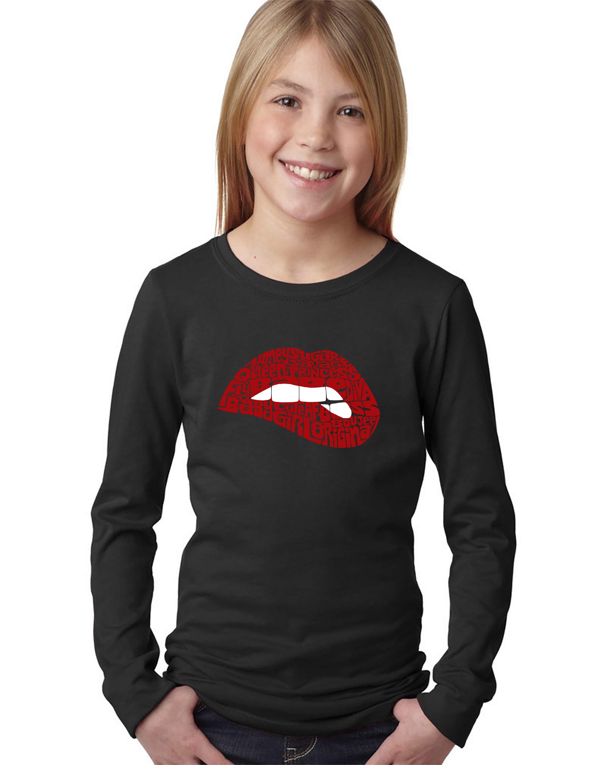 LA POP ART Girl's Word Art Long Sleeve T-Shirt - Savage Lips Design | Trendy Graphic Tee for Teens & Women | Perfect for Casual Wear, Street Style & Instagram Outfits