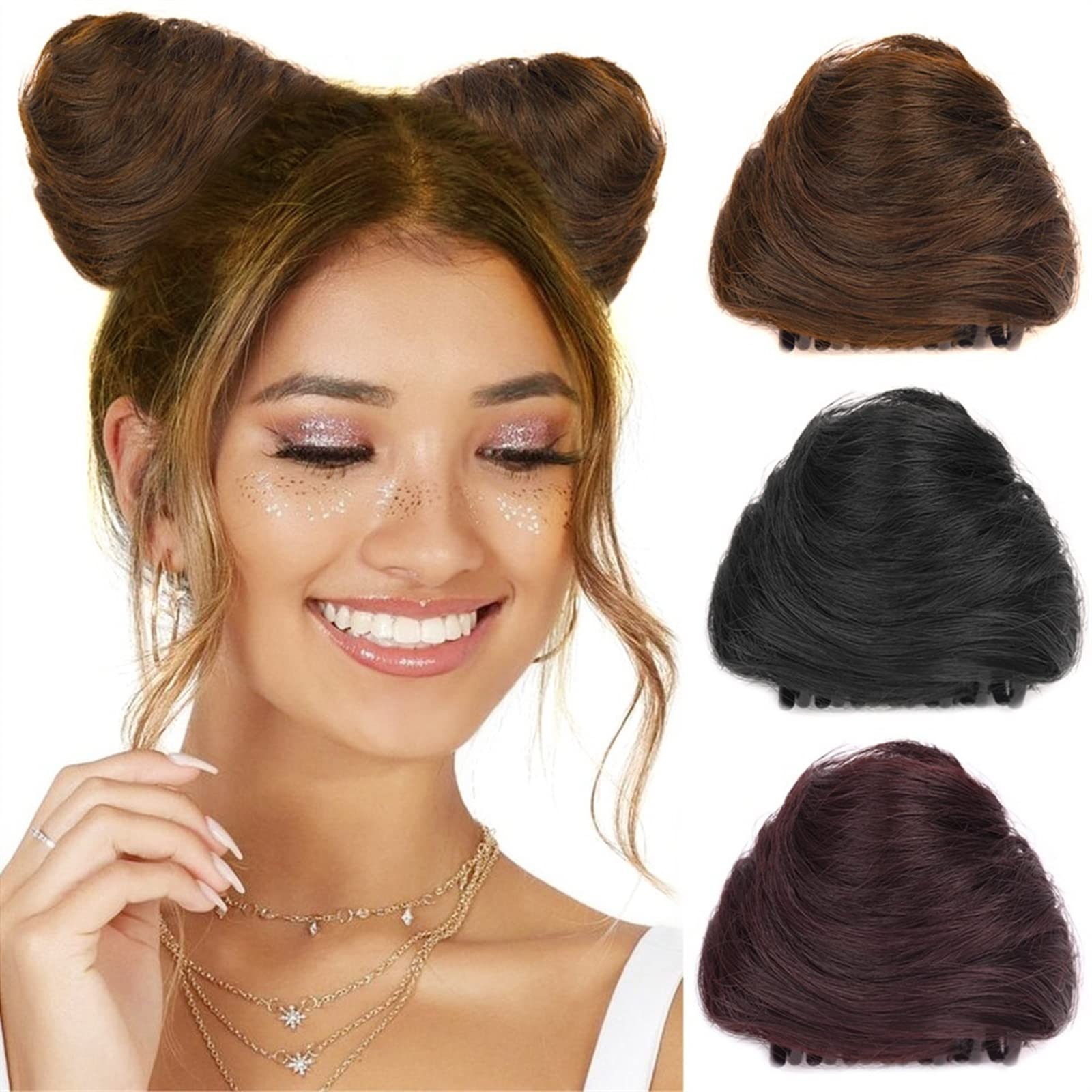 2 PCS Mini Claw Clip Messy Hair Bun Extensions - Cat Ears Hair Donut Chignon Synthetic Hair Pieces for Women & Girls (Brown Black) | Perfect for Parties, Cosplay & Everyday Hairstyles