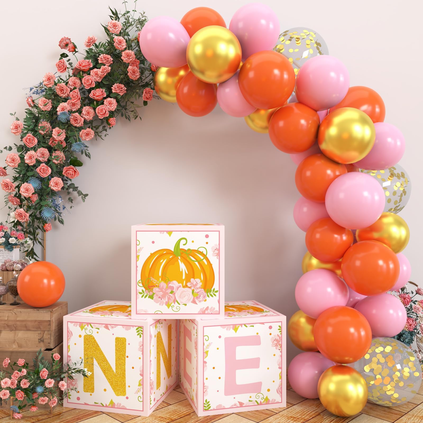 **Pumpkin First Birthday Balloon Box Decorations - Pink Fall Thanksgiving Cake Smash Party Photo Props & Backdrop for Baby Shower, Halloween, and Seasonal Celebrations**