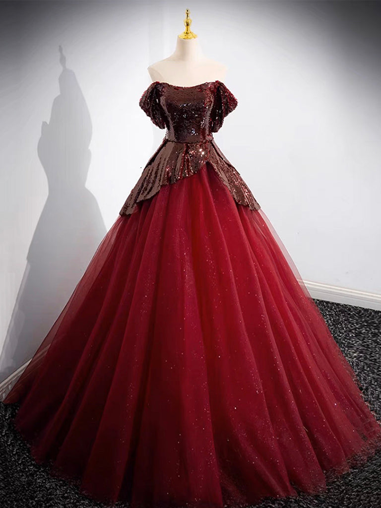 Elegant A-Line Tulle Sequin Burgundy Long Prom Dress | Off-Shoulder Formal Evening Gown for Women | Perfect for Homecoming, Prom Night & Special Occasions