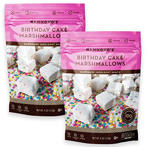Hammond’s Candies Gourmet Marshmallows - Birthday Cake Flavor | Gluten-Free, Kosher Certified, Handcrafted in USA | Perfect for Hot Chocolate, S'mores, Baking & Party Favors | 2 Pack Marshmallow Treats for Snacking & Dessert Recipes