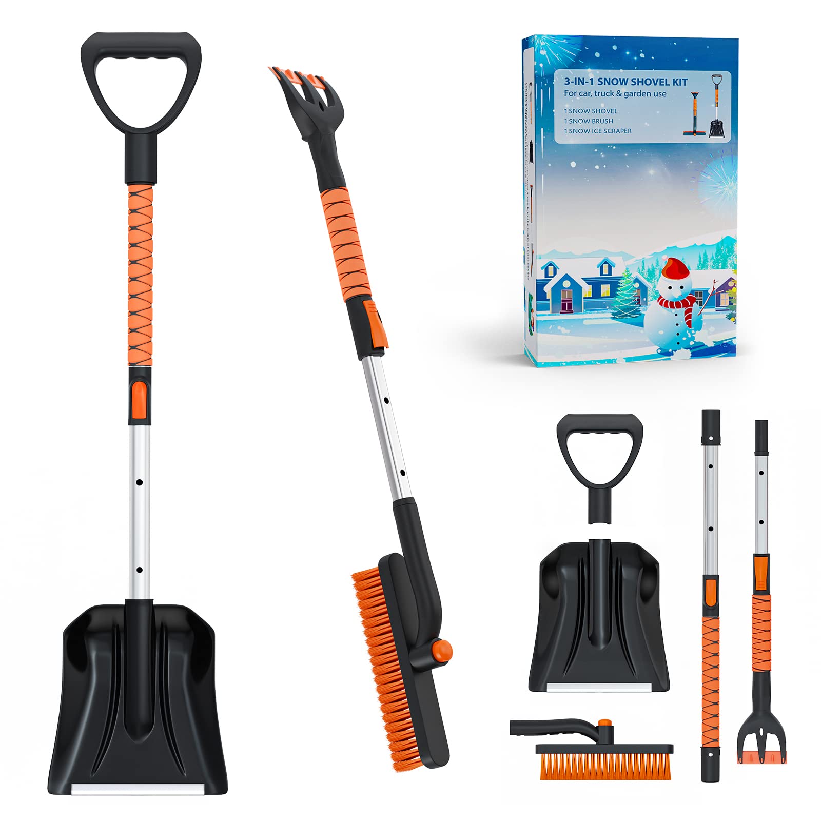 3-in-1 Retractable Car Snow Shovel with Rotatable Snow Brush & Ice Scraper - Portable Winter Emergency Kit for Car, Truck, Camping & Outdoor Snow Removal - Perfect for Driveway, Parking Lot & Winter Travel Safety