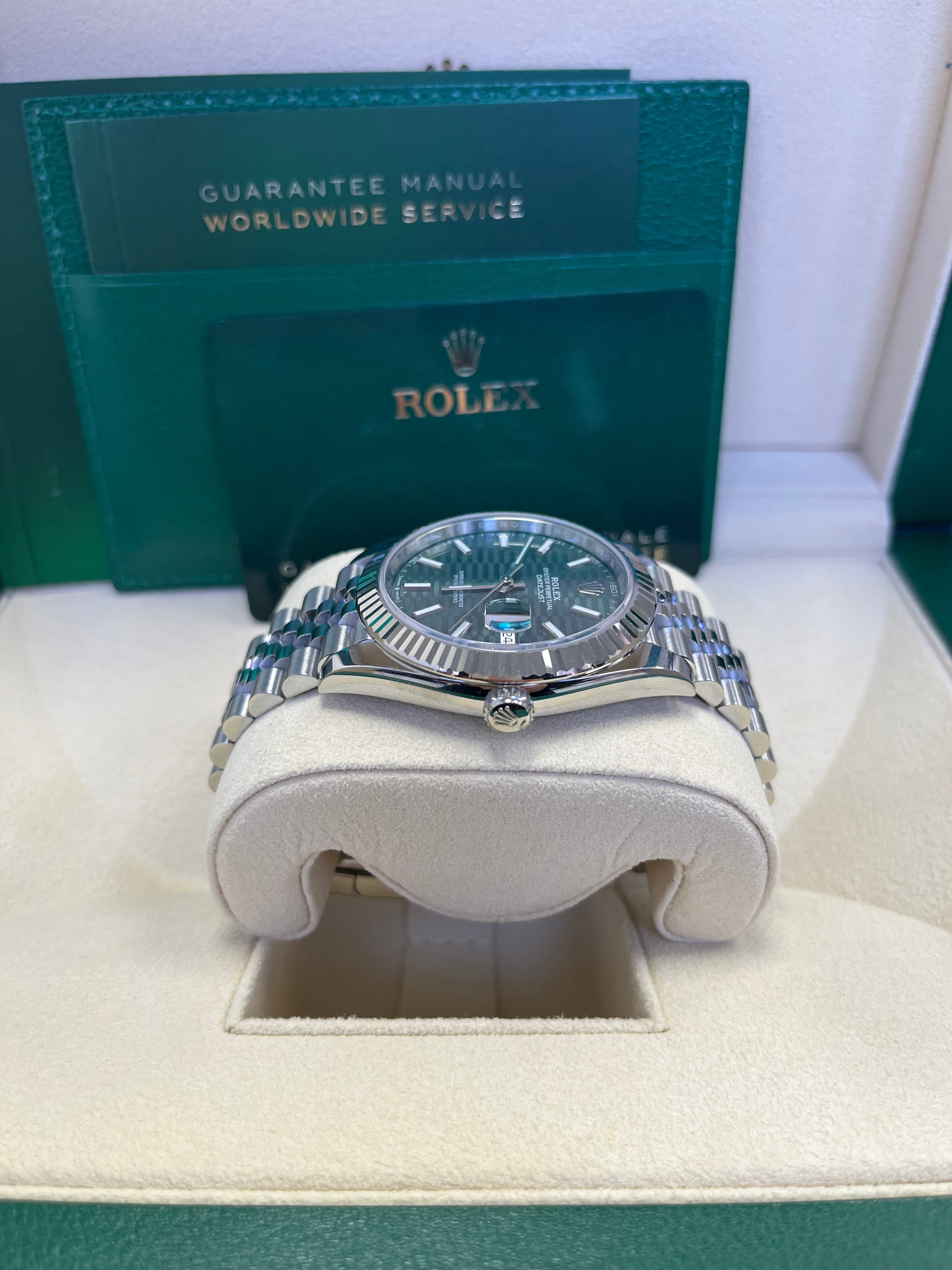 Rolex Datejust 41mm White Gold & Steel Watch with Mint Green Fluted Motif Dial & Fluted Bezel - Jubilee Bracelet Ref#126334 | Luxury Dress Watch for Men, Business & Formal Occasions