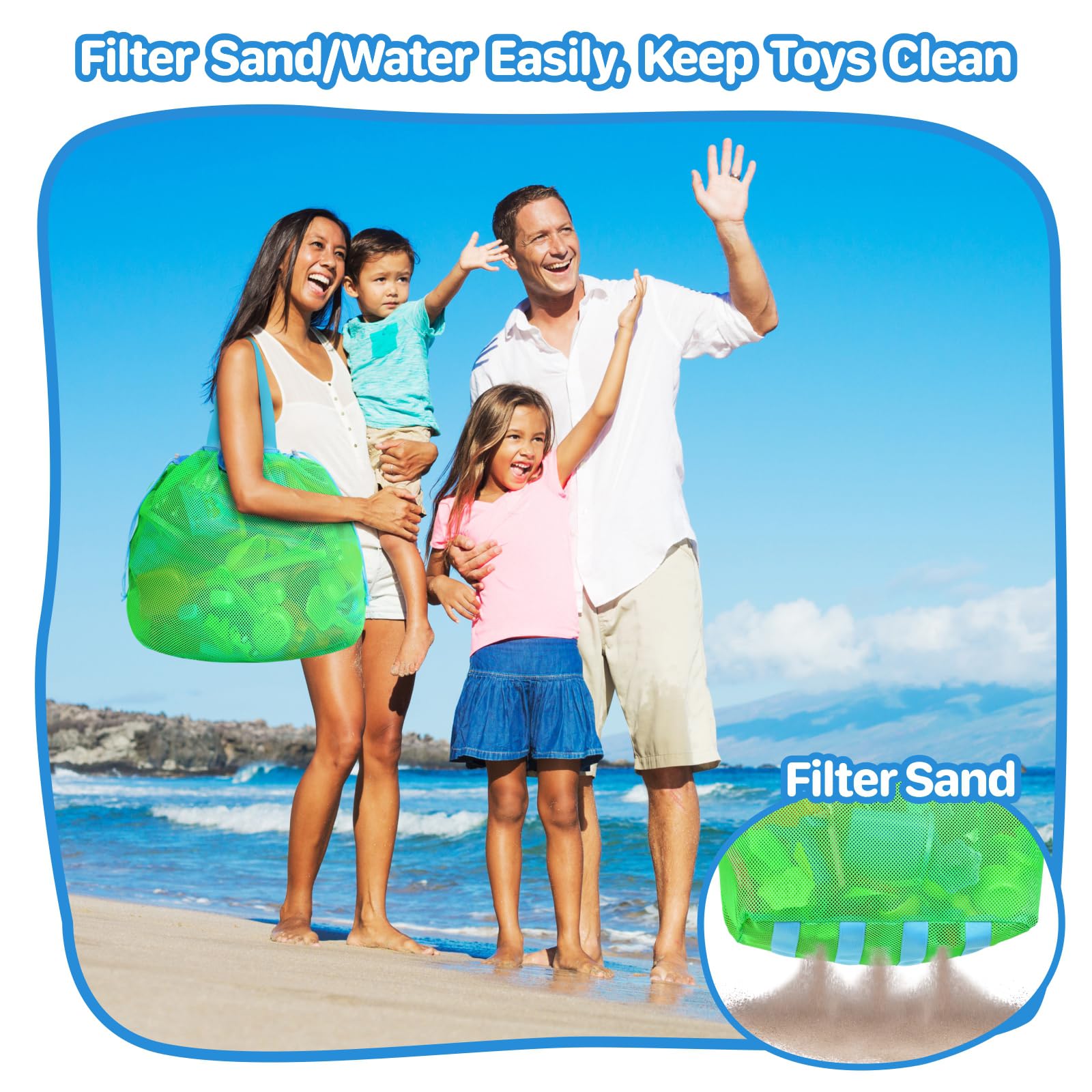 Extra Large Mesh Beach Toy Bag With Drawstring - Lightweight Sand Toy Storage Tote for Kids, Travel Essentials Organizer for Pool, Park & Vacation - Neon Green