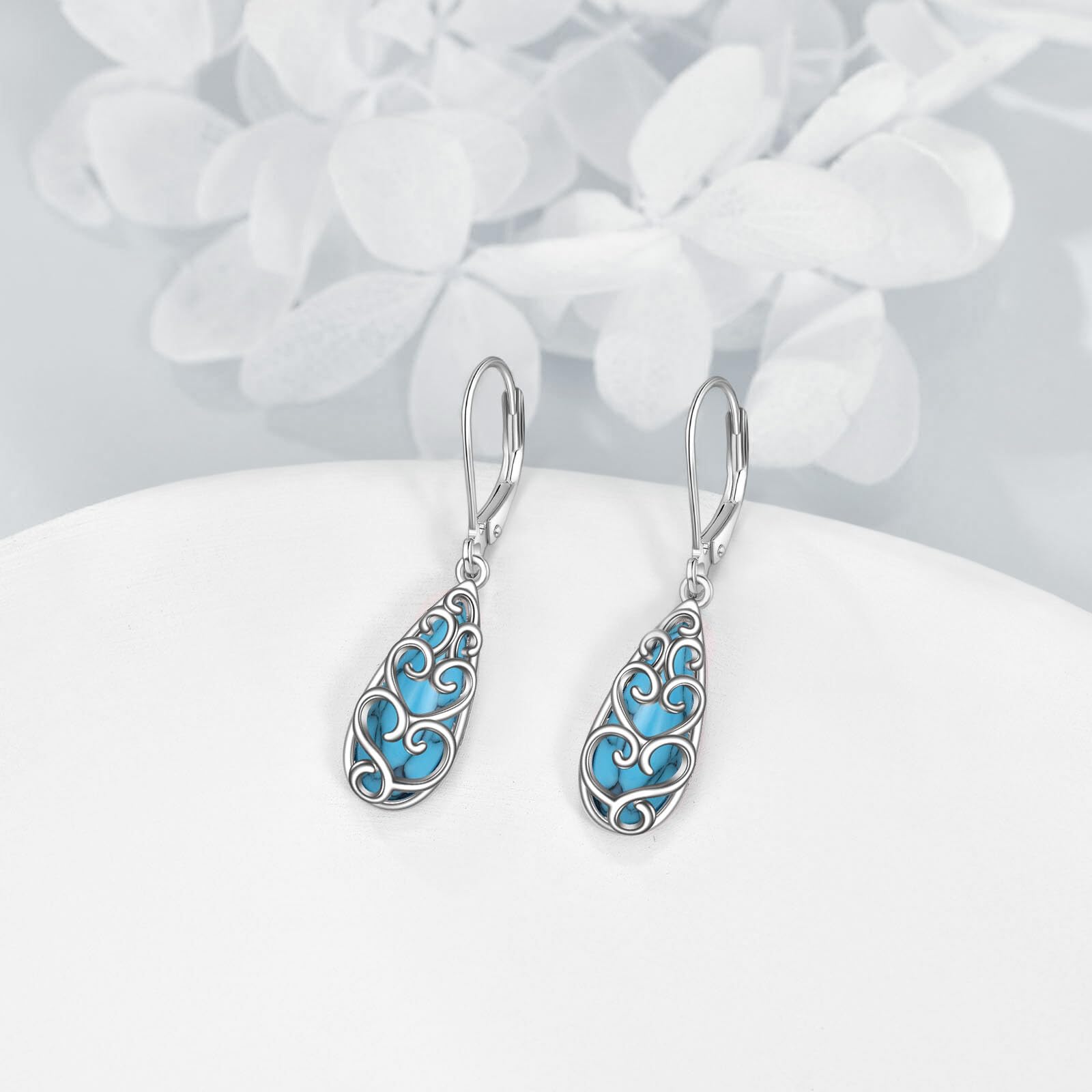 POPLYKE Filigree Turquoise Earrings for Women - 925 Sterling Silver Leverback Dangle Earrings, Handmade Boho Jewelry Gifts for Birthday, Anniversary, Christmas | Perfect for Casual Wear, Parties & Special Occasions