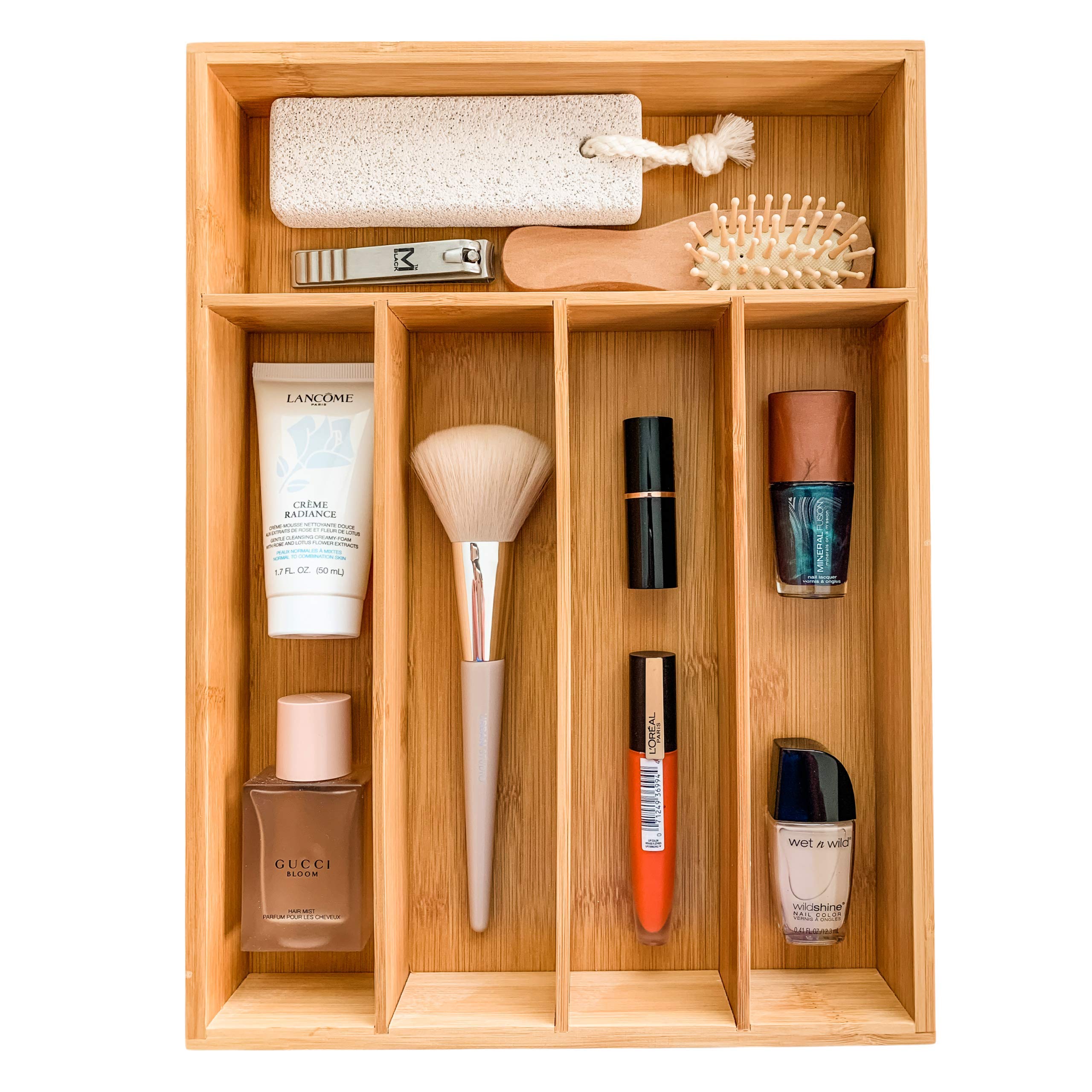 Premium Bamboo Drawer Organizer - 100% Organic 5-Compartment Cutlery & Utensil Tray for Kitchen, Bathroom, Office Desk - Perfect for Organizing Knives, Spoons, Makeup Brushes & Office Supplies