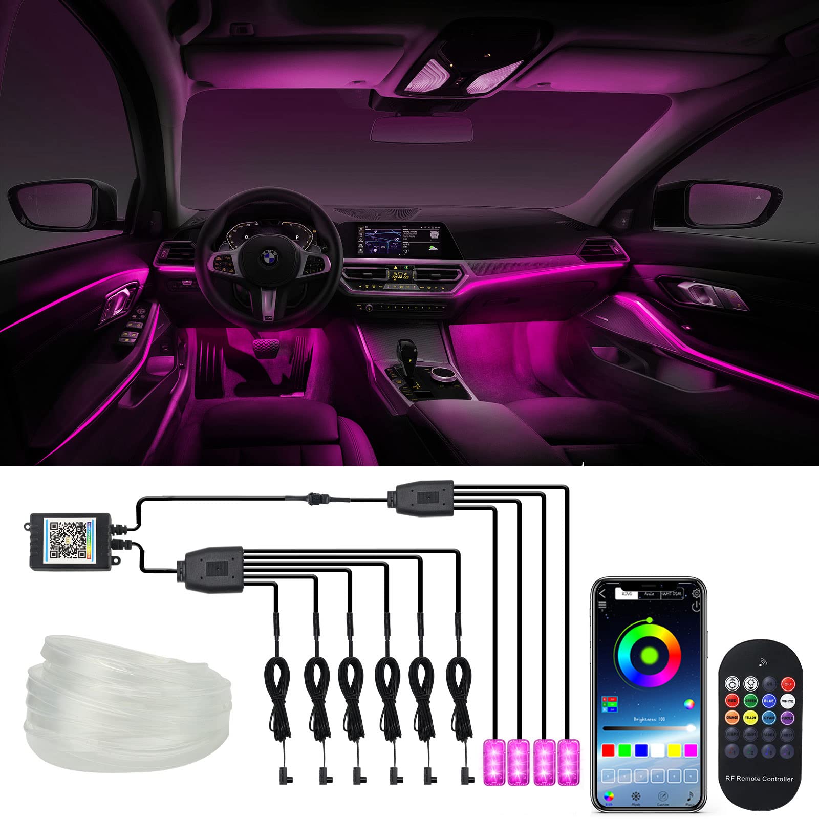 10-in-1 Multicolor RGB LED Car Interior Lighting Kit with 315in Fiber Optic, APP & Music Sync Control - DIY Ambient Neon Strip Lights for Cars, Trucks & SUVs | Perfect for Night Driving, Car Shows & Custom Vehicle Lighting