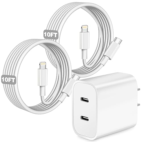 Apple MFi Certified Dual USB C Port Fast Charger - 2 Pack with 10FT Lightning Cable for iPhone 14 Pro/13 Mini/12/11/XR & AirPods - Perfect for Home, Office & Travel Charging