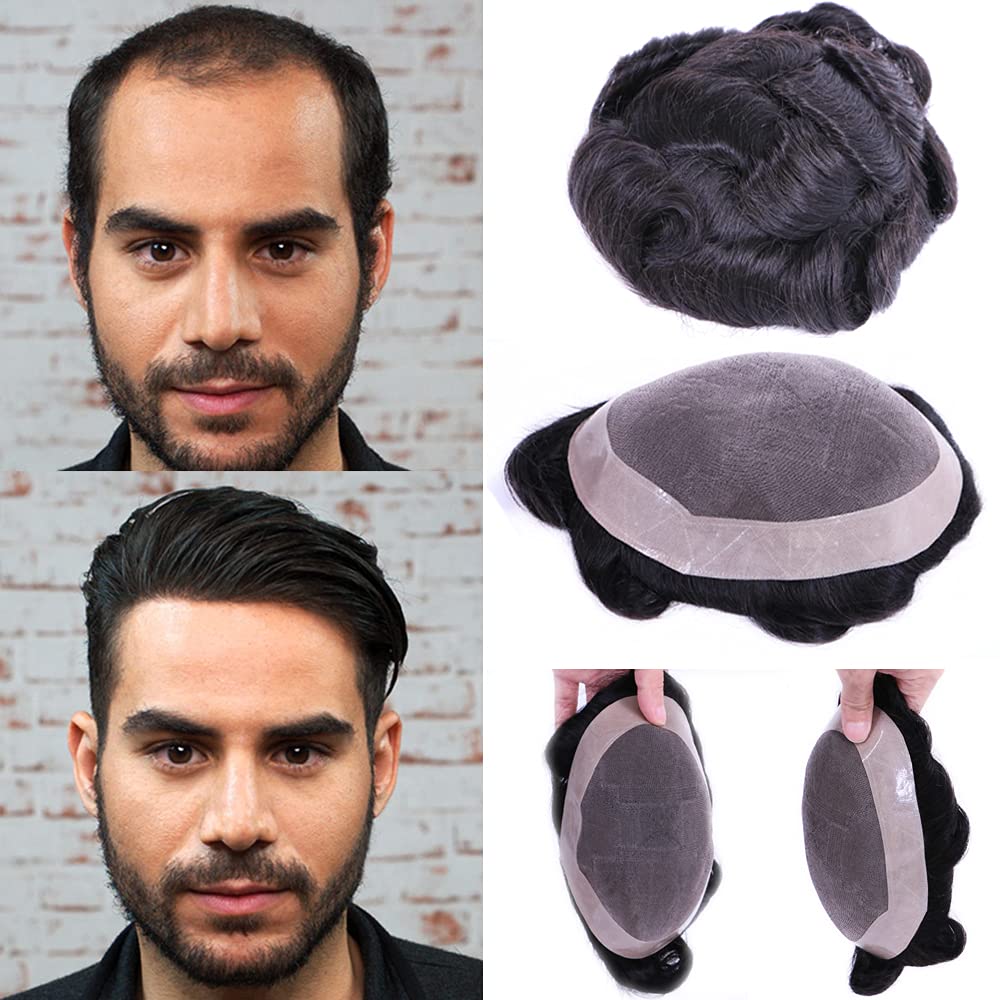 Natural Virgin Human Hair Toupee for Men - Swiss Lace Thin PU Base (6x8) | Queen Hair Products | Durable Men's Wig for Daily Wear & Special Occasions