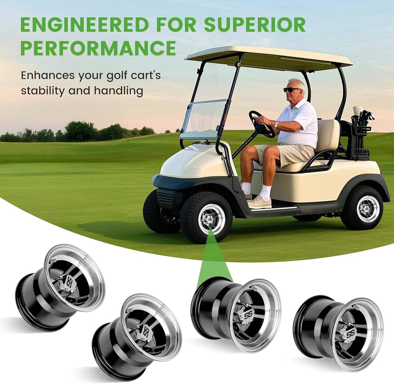 8 Inch Aluminum Golf Cart Wheel Rims with Stainless Steel Center Cap - Lightweight & Durable Design for Golf Carts & Utility Vehicles - Perfect for Golf Courses, Resorts & Outdoor Recreation