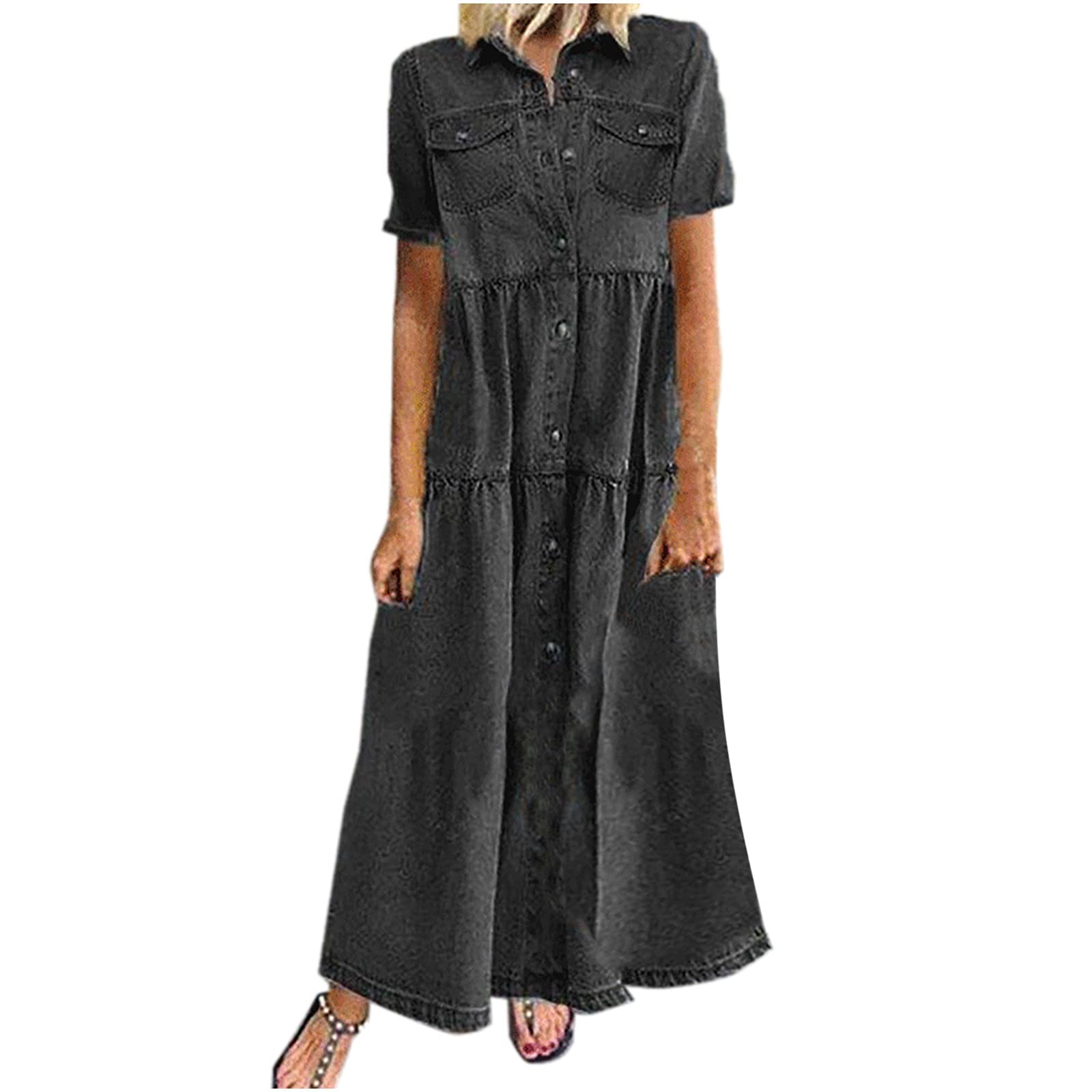 Vintage Women's Blue Denim Shirt Dress - Short Sleeve Button Up Jean Shift Dress for Casual Outings, Summer Wear & Boho Style Fashion