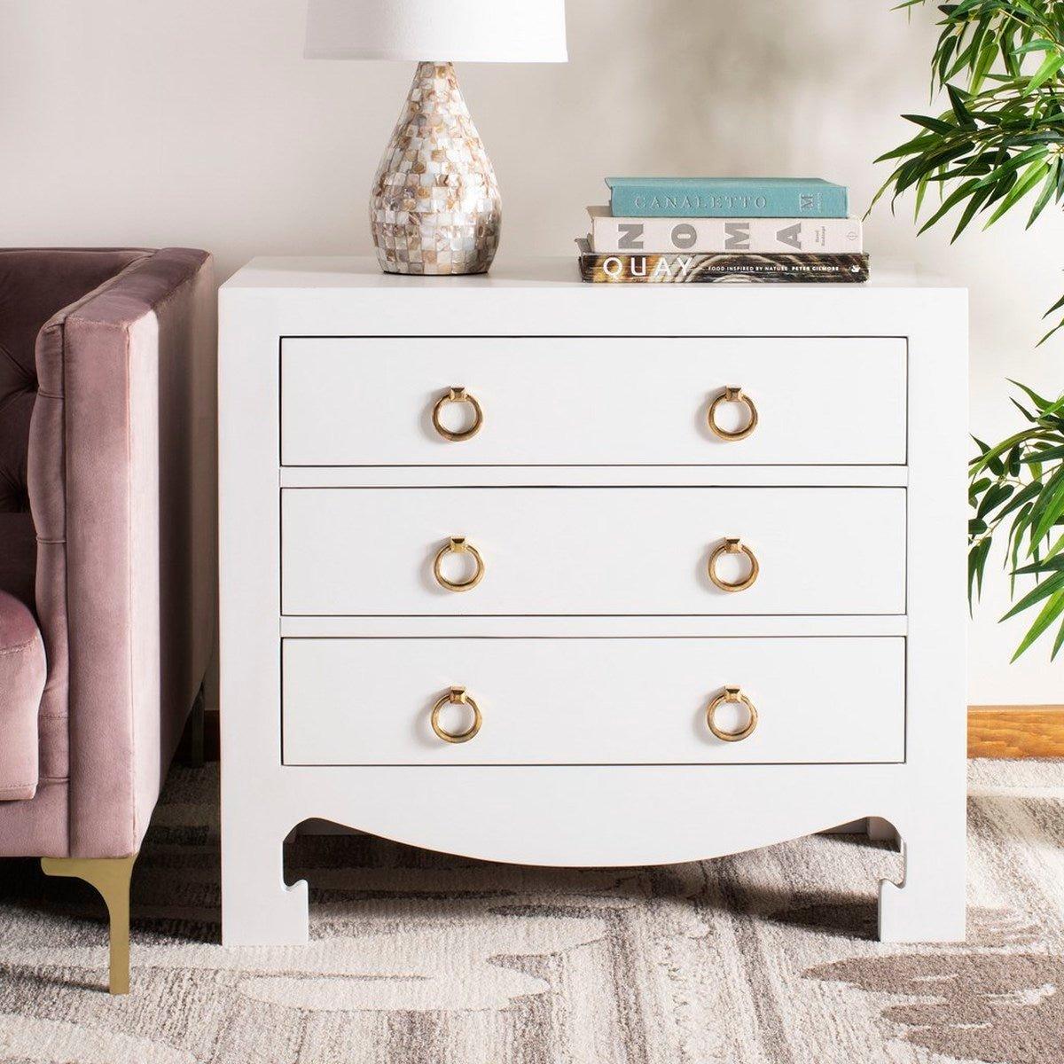 Asian Style White 3-Drawer Side Table with Gold Hardware - Modern Nightstand for Bedroom, Living Room, or Office