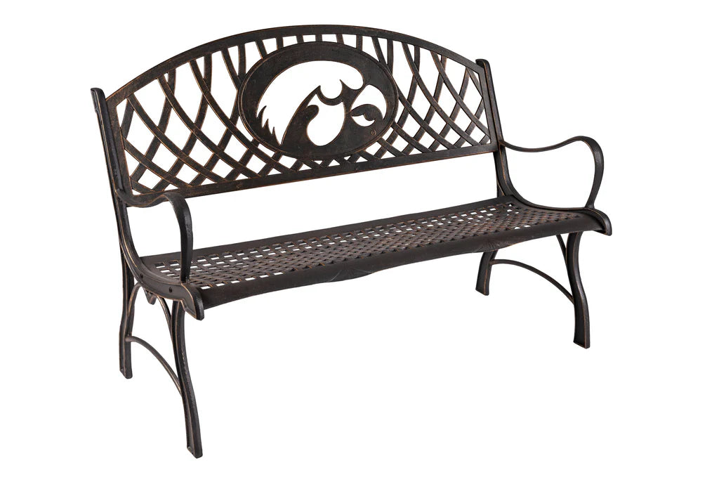 Outdoor Iowa Hawkeye Cast Iron Bench - Heavy Duty Garden Bench for Patio, Yard & Tailgating - Weather-Resistant Hawkeyes Fan Furniture for Backyard Decor