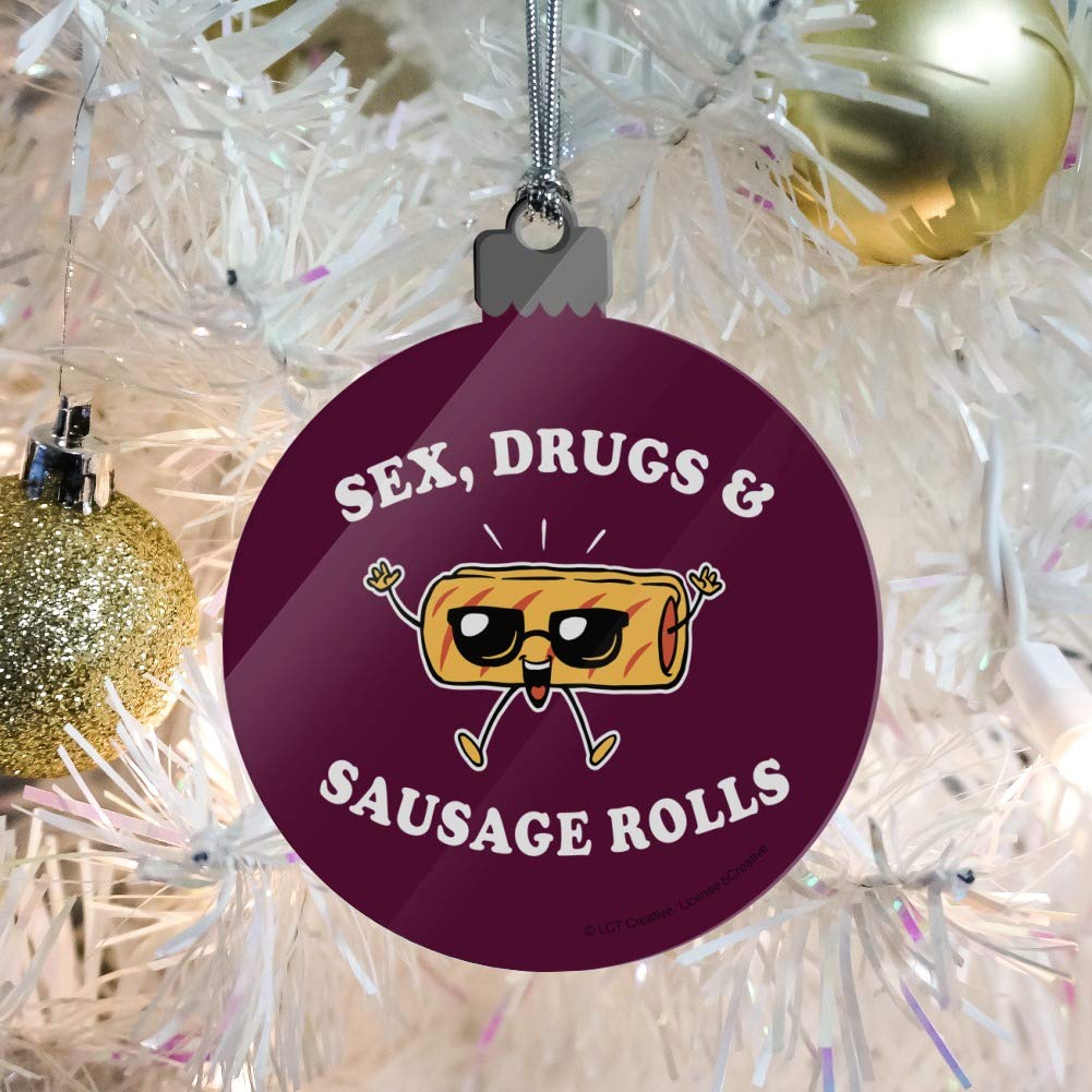 Funny Humor Acrylic Christmas Tree Ornament - Sex Drugs and Sausage Rolls Graphic Design - Perfect for Holiday Decorations & Gift Giving