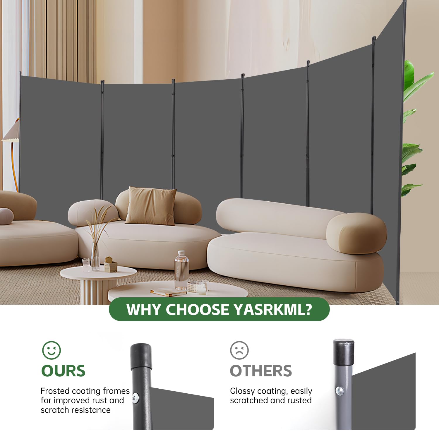 YASRKML 6-Panel Folding Room Divider Privacy Screen - Portable Freestanding Partition Panel with Fabric for Home & Office Separation - Grey | Ideal for Bedroom Privacy, Studio Dividers, and Open Space Organization