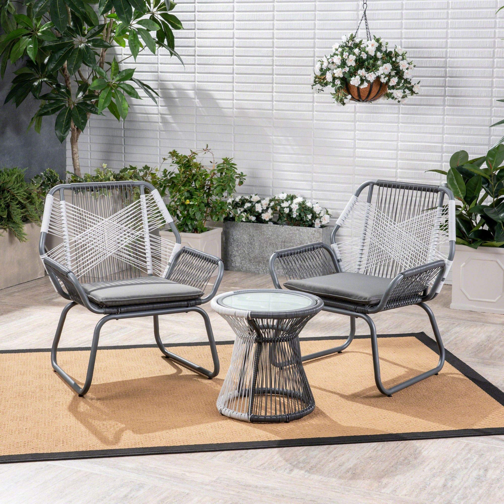 Modern 3-Piece Gray & White Wicker Patio Furniture Set with Gray Cushions - Outdoor Conversation Set for Garden, Poolside & Backyard Relaxation