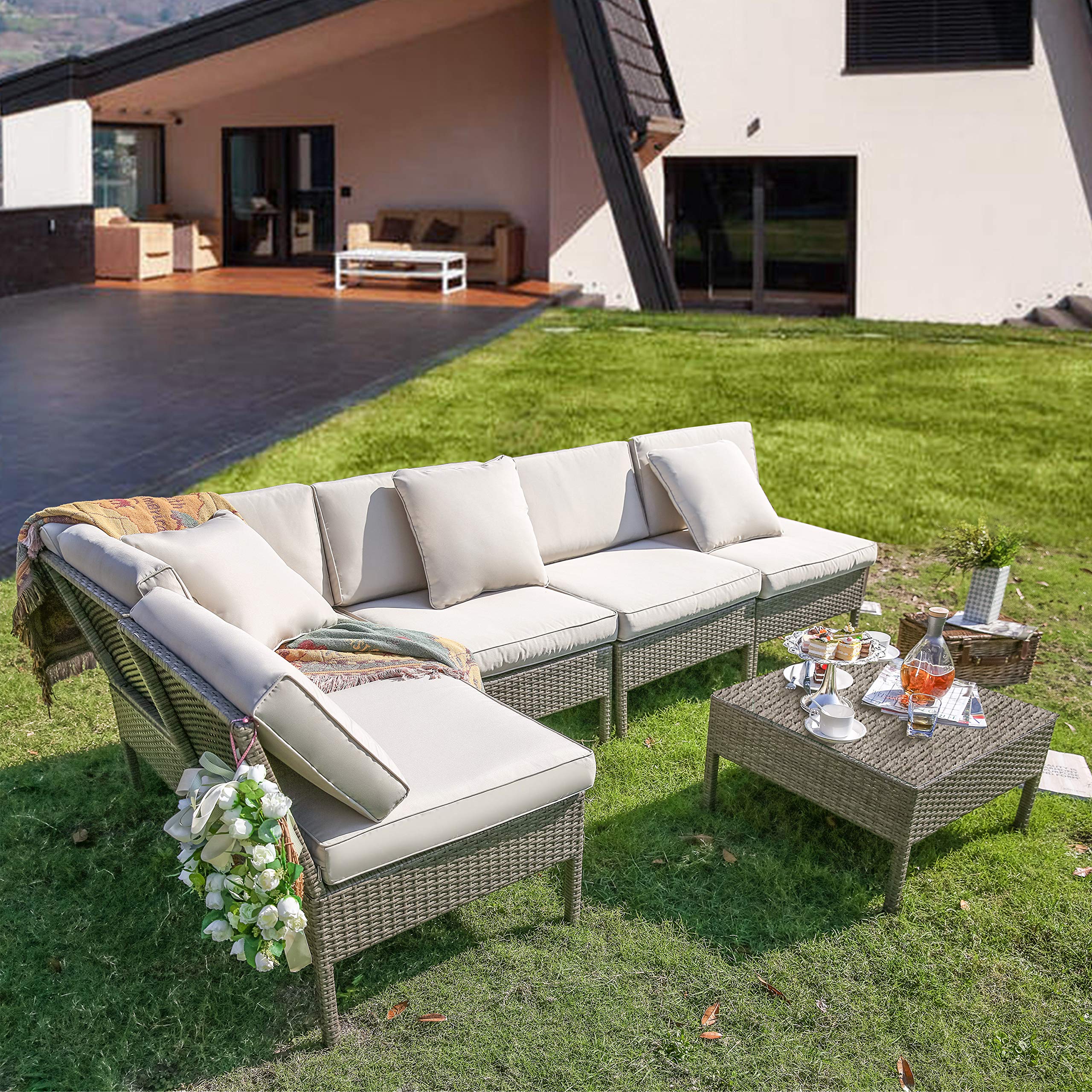 LOKATSE HOME 6-Piece Patio Wicker Outdoor Sectional Sofa Set with 3 Pillows & Coffee Table - Weather-Resistant Rattan Furniture for Garden, Backyard, Poolside (Beige) - Perfect for Relaxing, Entertaining & Outdoor Conversations