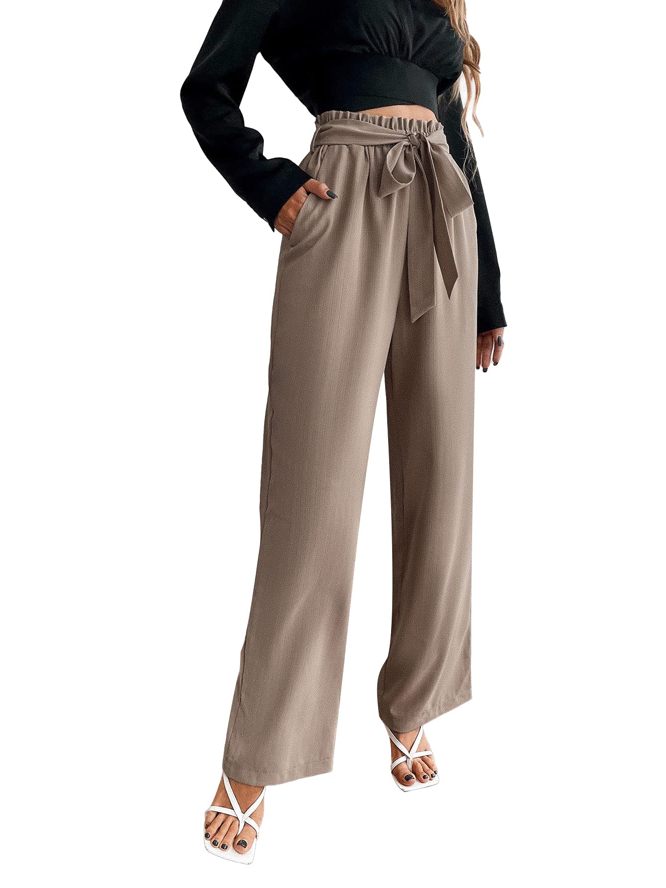 Floerns Women's High Waist Wide Leg Paper Bag Pants - Casual Workout Lounge Pants for Yoga, Running & Everyday Wear