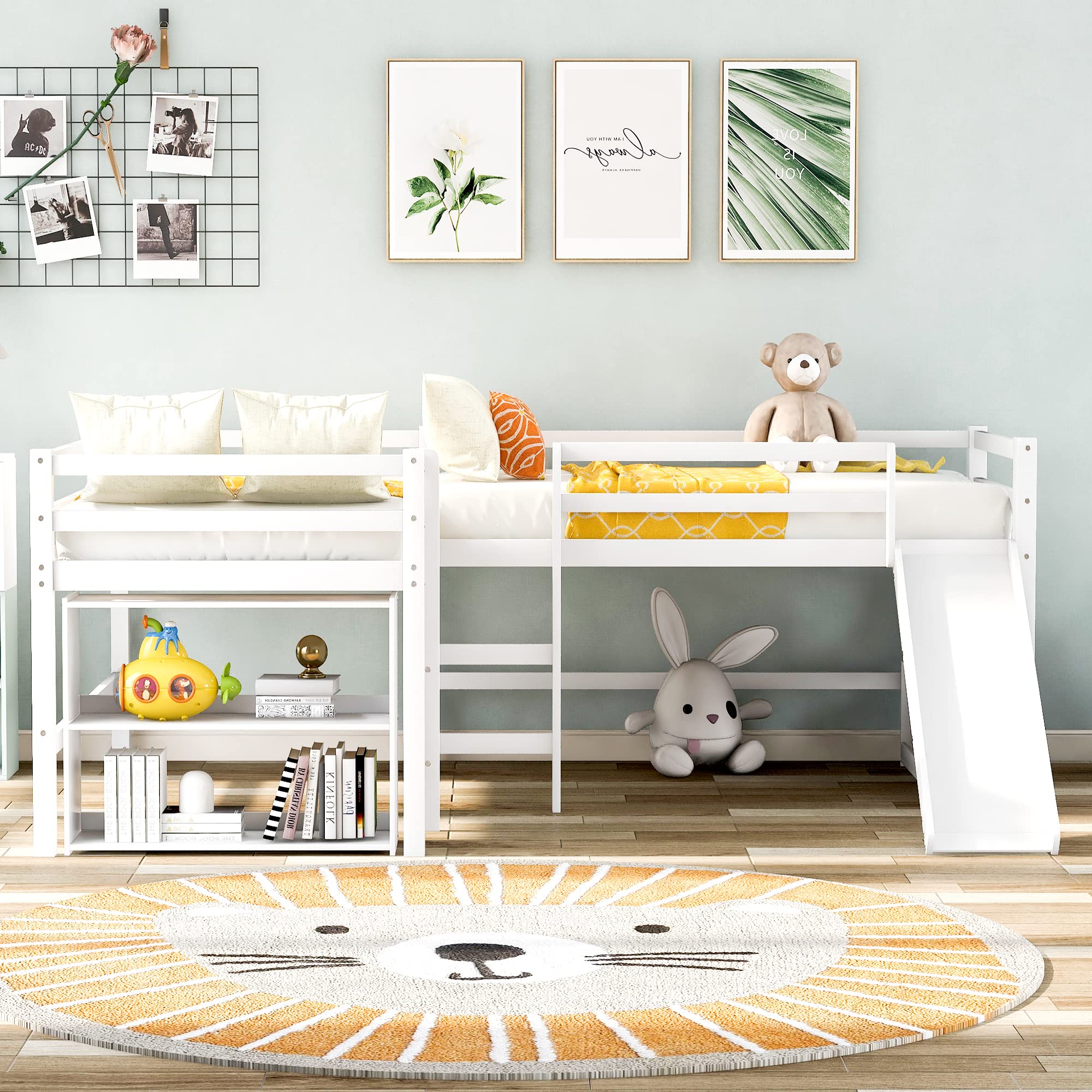 Twin Size L-Shaped Loft Bed with Slide & Movable Two-Tier Shelves - Space-Saving Kids Furniture for Small Bedrooms (White) | Perfect for Dorm Rooms, Playrooms & Tiny Homes