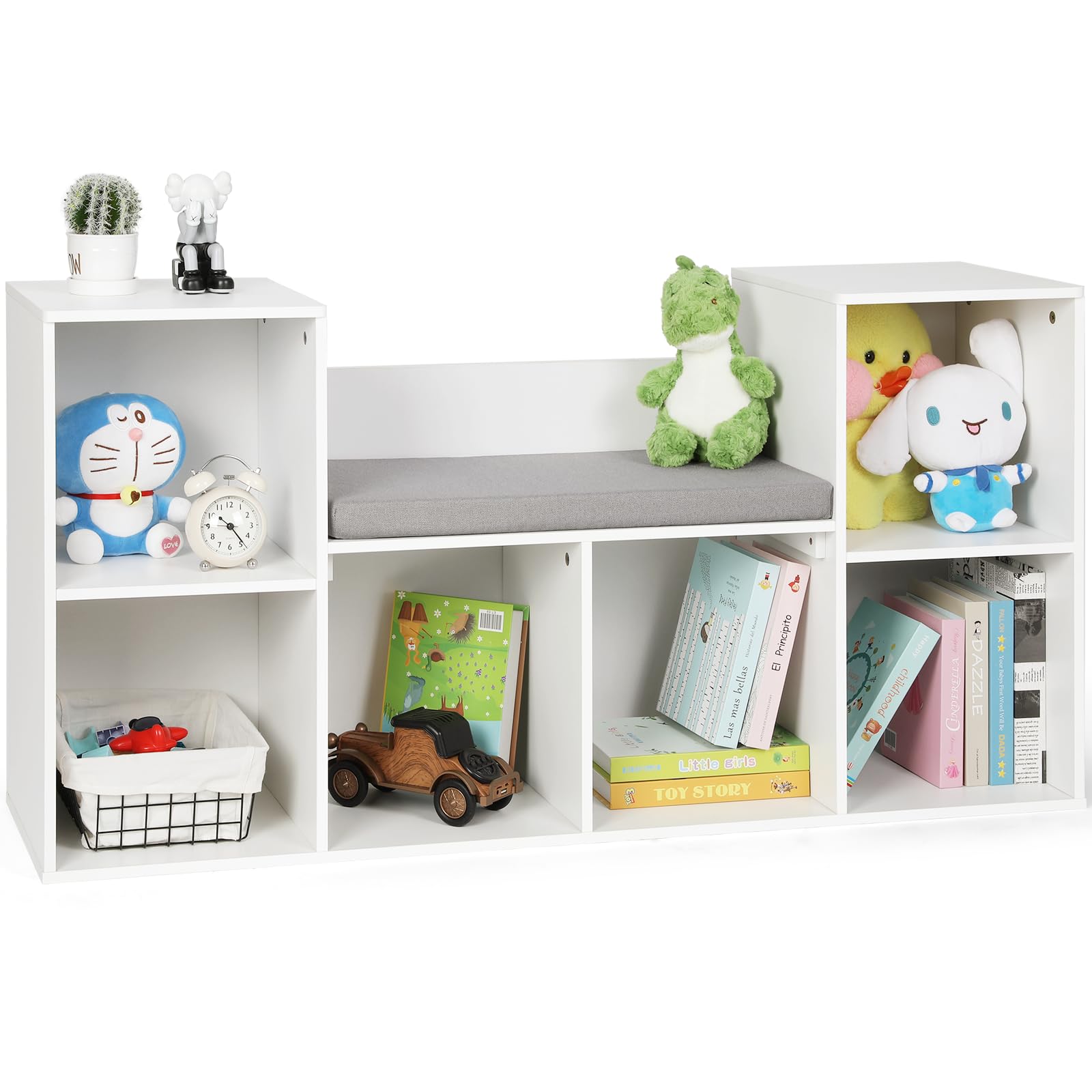 Cowiewie Kids Bookshelf with Reading Nook - 6-Cubby Toy Storage Organizer with Seat Cushion - White Children's Bookcase for Bedroom, Playroom & Nursery (13.39