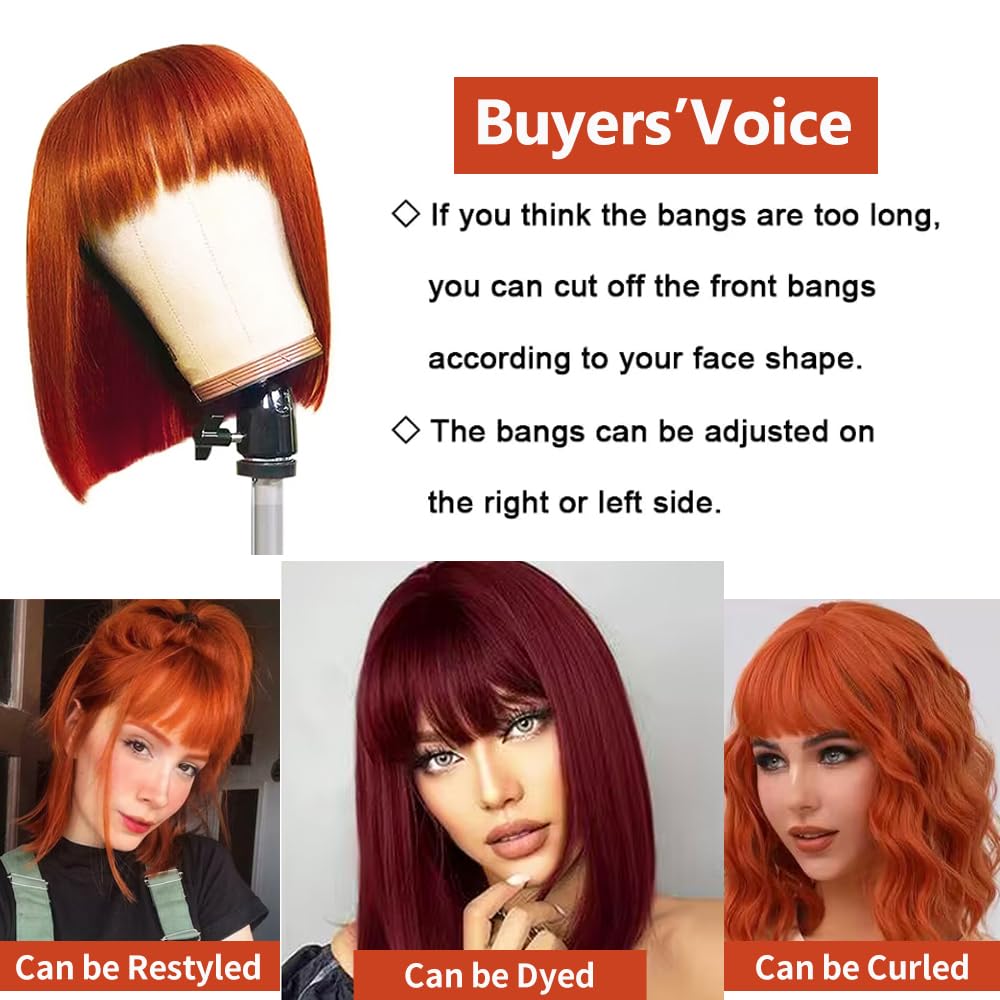 Straight Bob Wig with Bangs 100% Human Hair for Women - Natural Look & Comfortable Wear for Daily Use, Parties & Cosplay