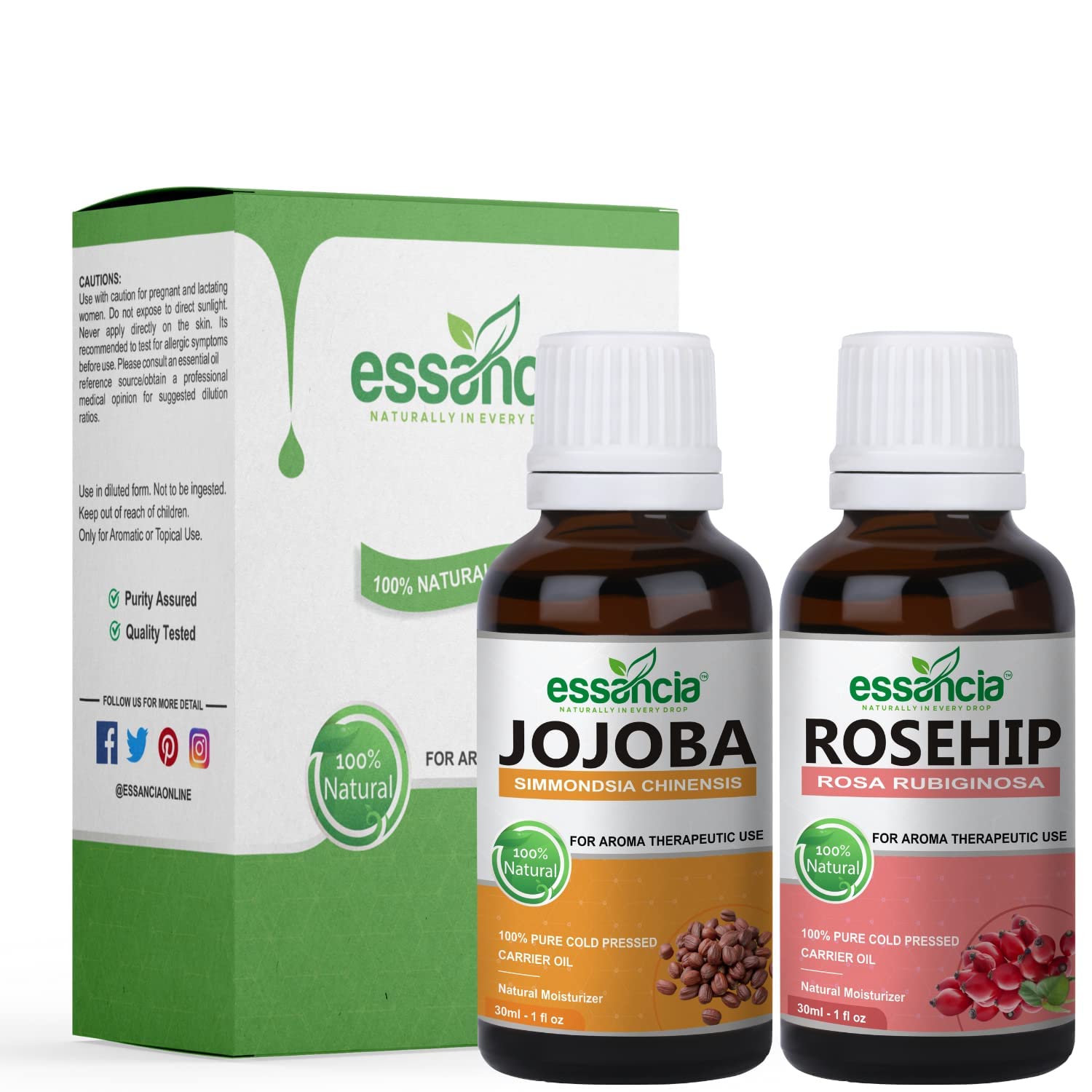 Essencia Naturally in Every Drop - Organic Cold Pressed Rosehip & Jojoba Oil Set (2 Pack) for Face Glow, Wrinkles, Acne Prone Skin, Healthy Nails & Massage | Natural Skincare & Aromatherapy for Daily Beauty Routine