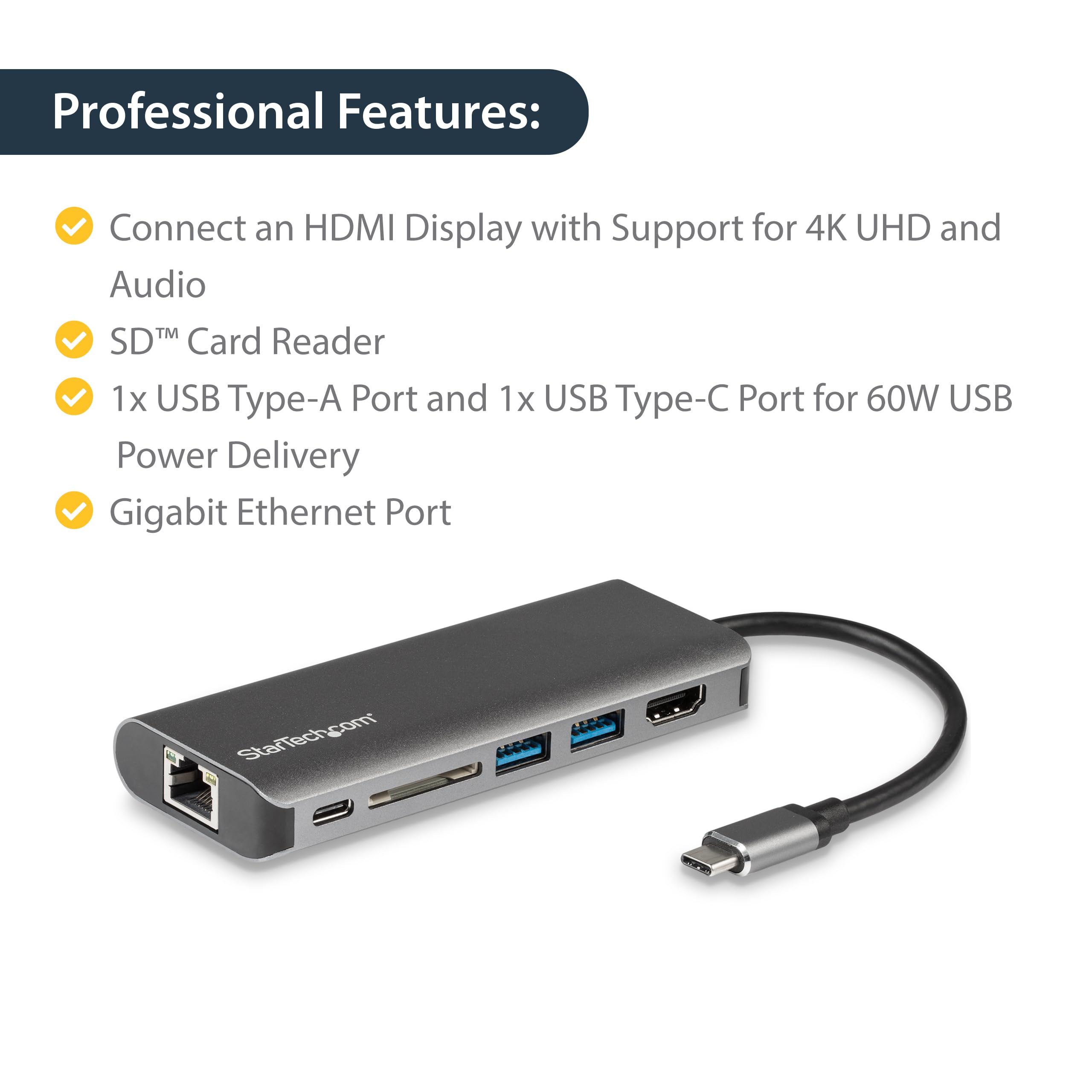 StarTech.com USB C Hub with 4K HDMI, 2 USB 3.0 Ports, SD Card Reader, Gigabit Ethernet & 60W PD - Thunderbolt 3 Compatible Multiport Adapter for MacBook Pro/Air, Dell XPS, Surface Laptop - Home Office & Travel Docking Station