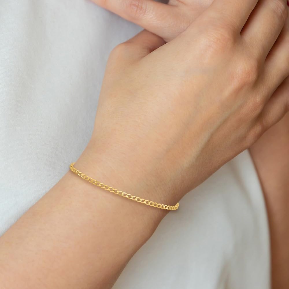 10K Yellow Gold 2.2mm Flat Beveled Curb Chain Bracelet for Women - Dainty Fine Jewelry Gift for Her - Perfect for Anniversaries, Birthdays & Everyday Elegance